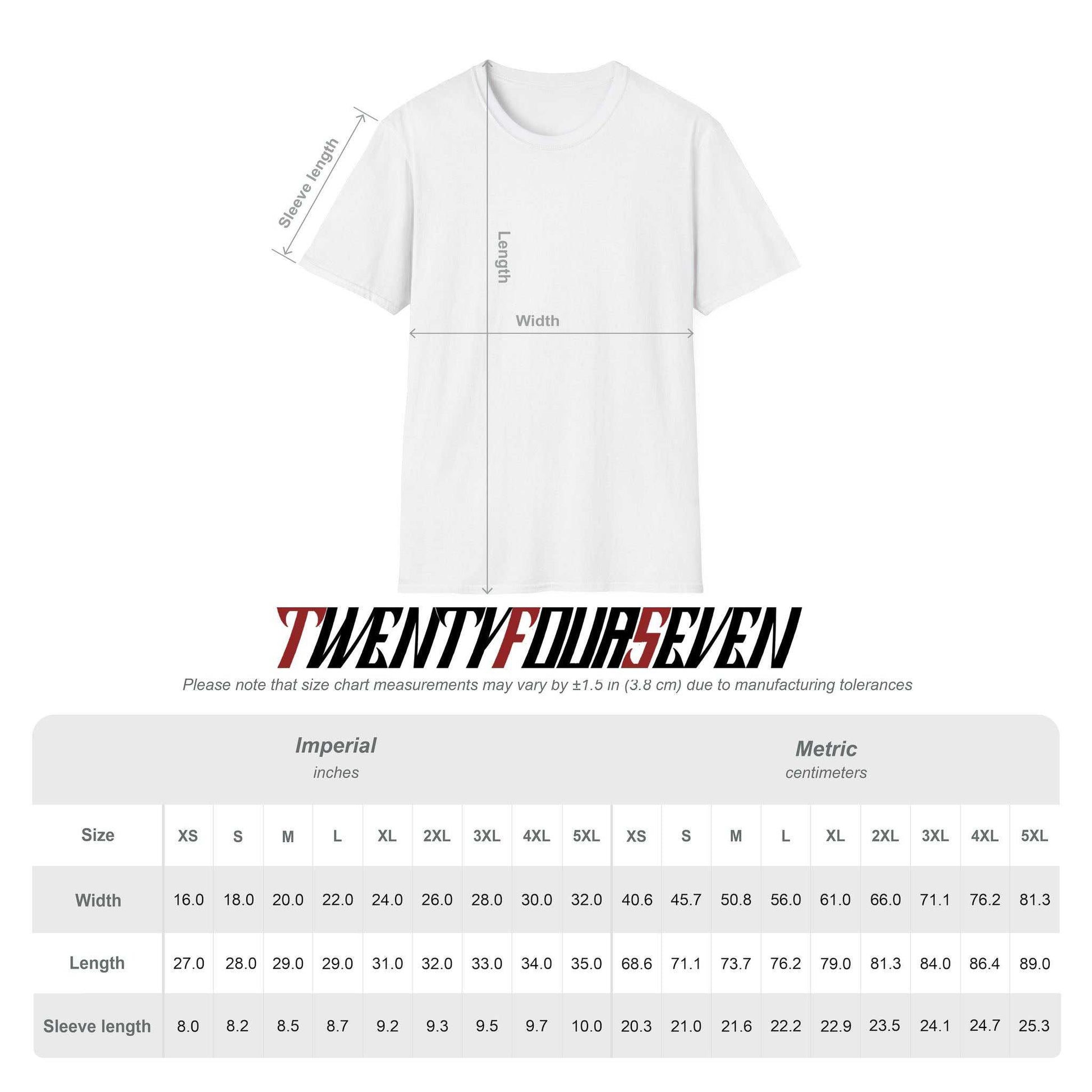 White Twentyfourseven USA t-shirt with measurement chart on a white background