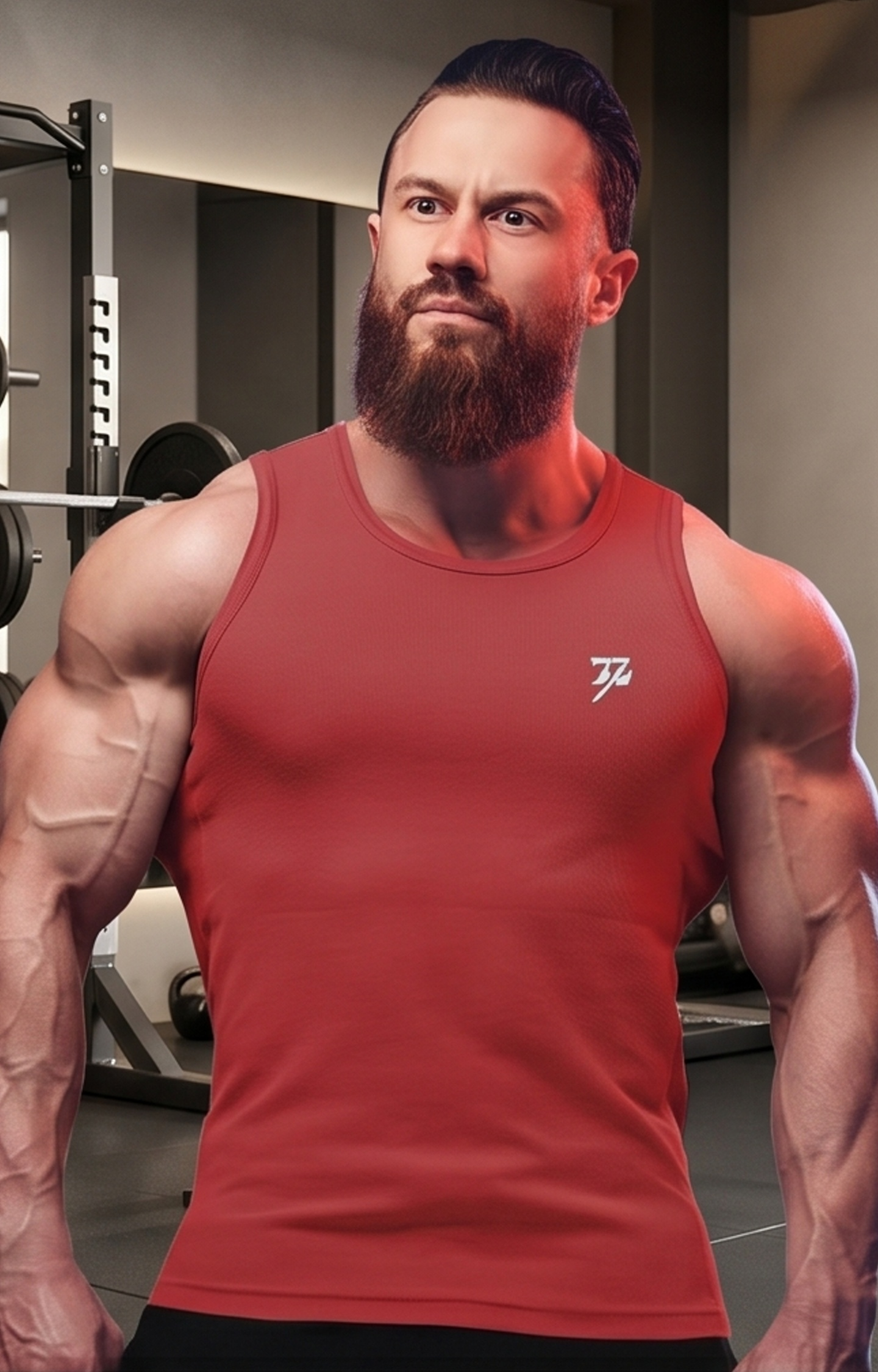 Muscular male model wearing the red men's graphic gym tank top, looking confidently off-camera while highlighting the flattering retail fit and the official 24/7 chest logo.