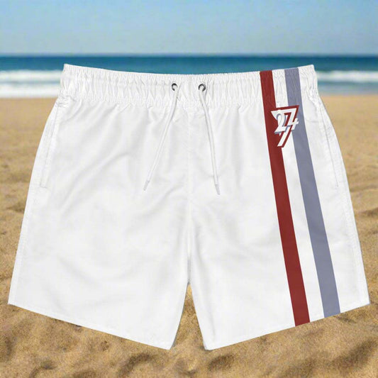 White Beach Shorts with 24/7 red-blue-white triple stripe logo.