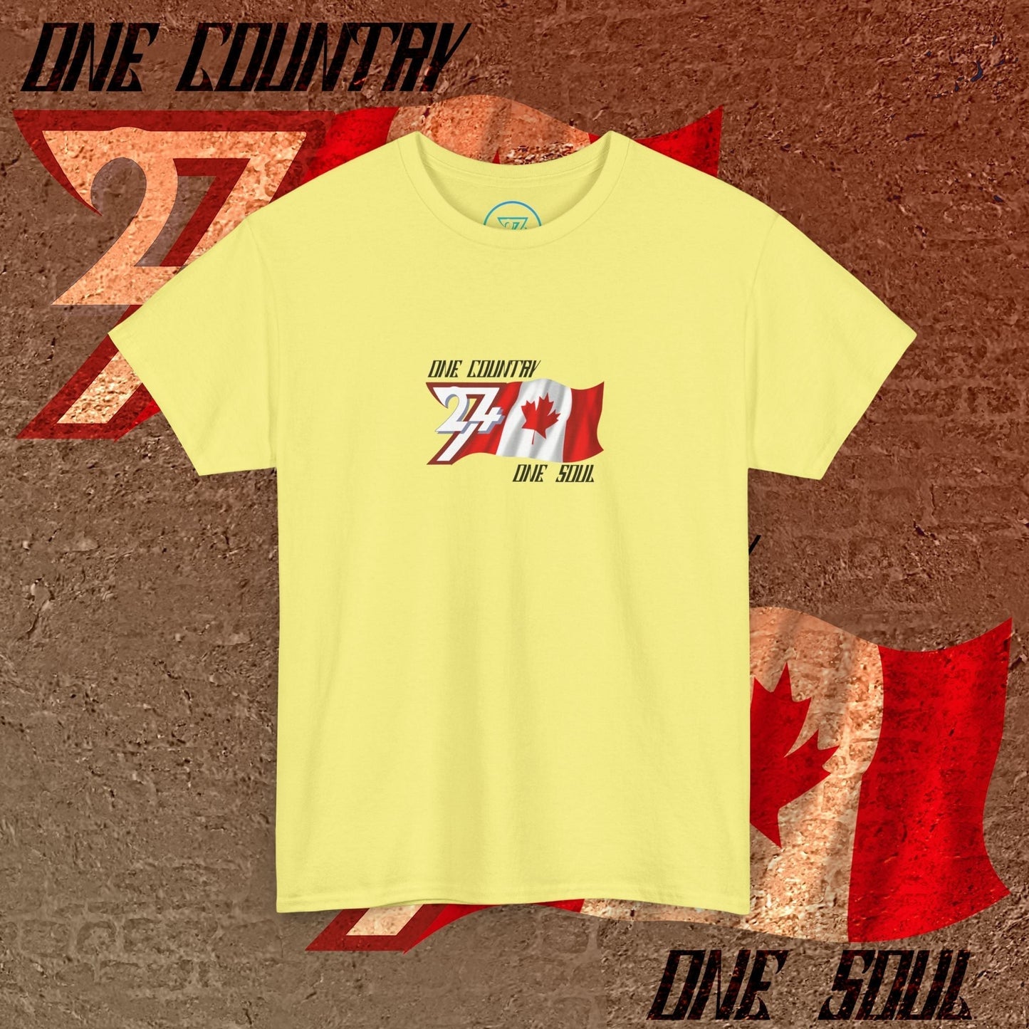 Complete front-on display of the Cornsilk Canada heritage t-shirt with the hand-drawn flag.
