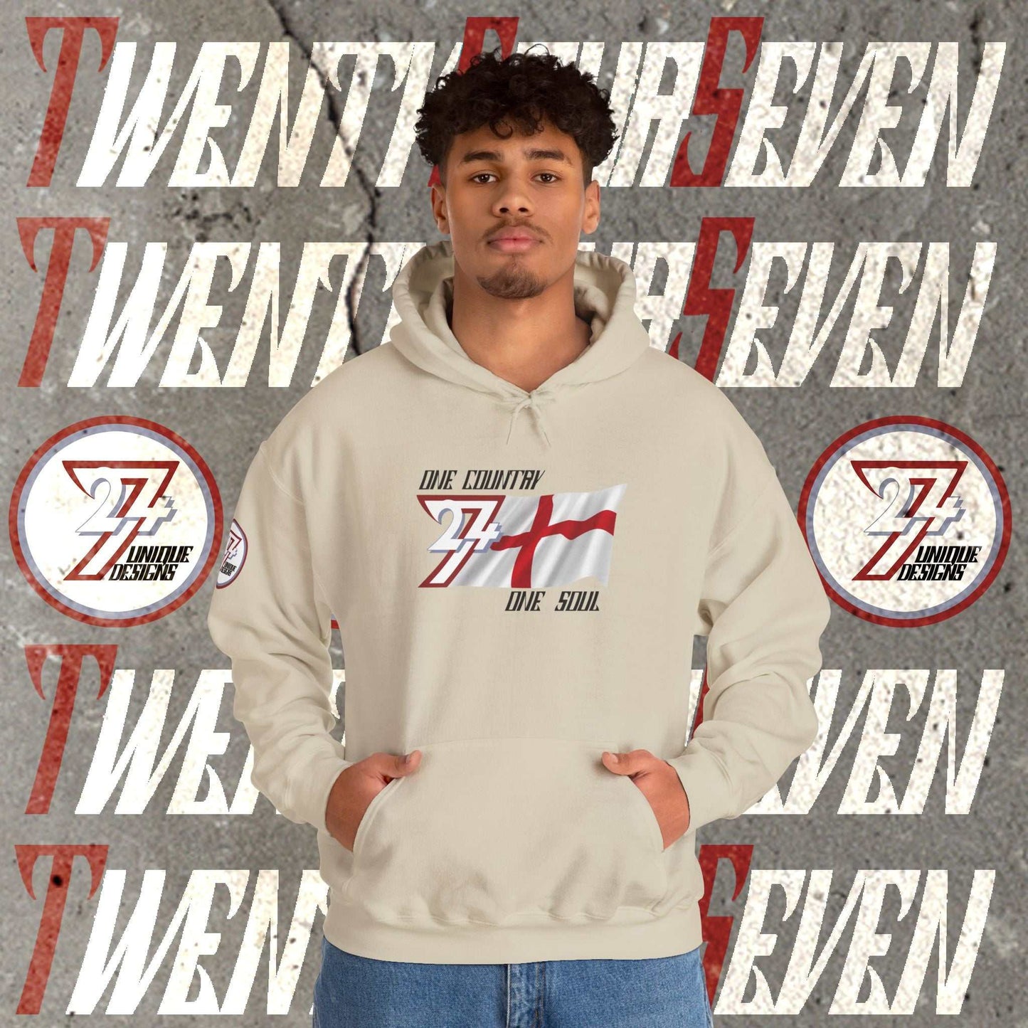 Model wearing the England "Valor" hoodie in Beige, styled for a modern streetwear look.