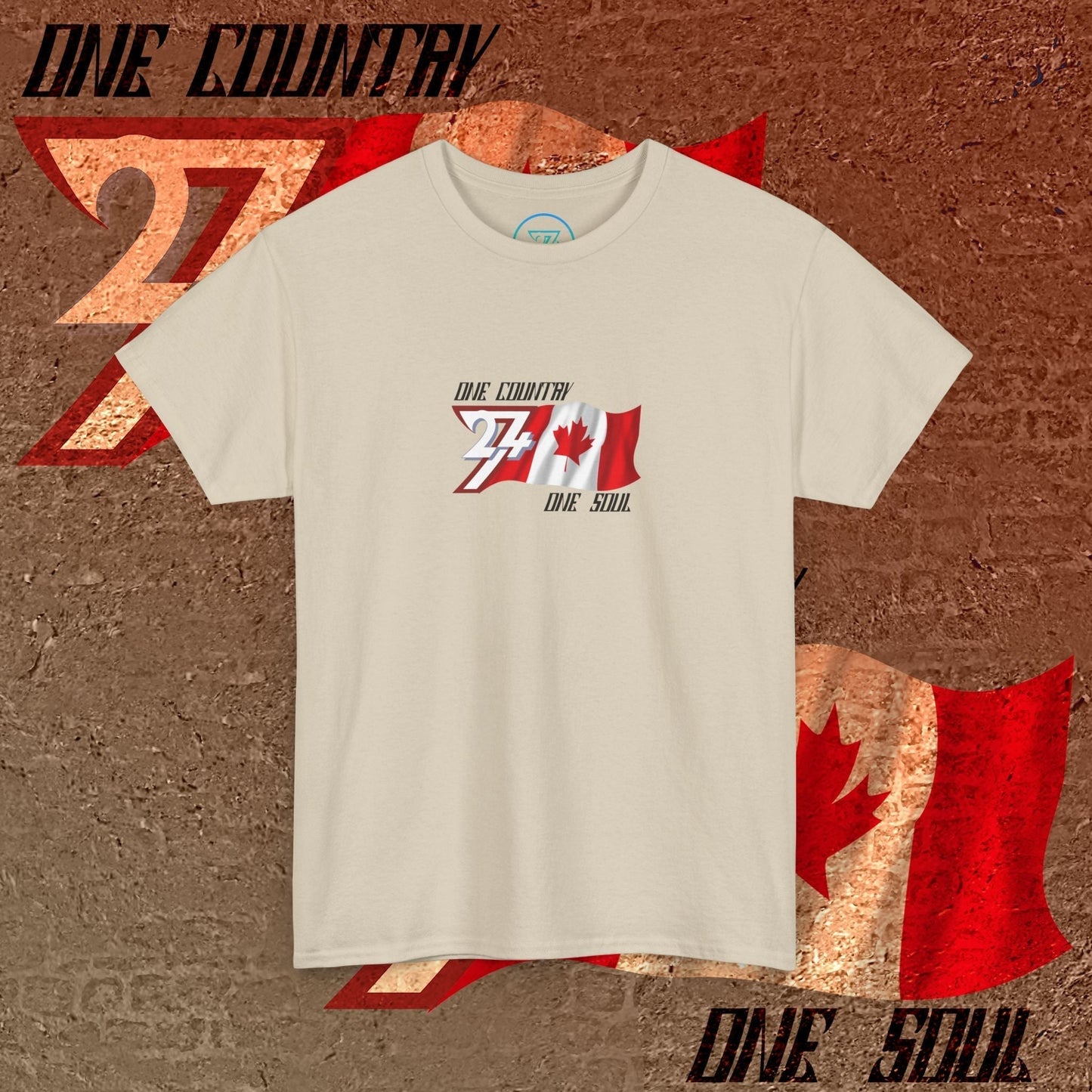 Full product shot of the Beige Canada flag t-shirt showcasing the hand-drawn "Maple" edition artwork.