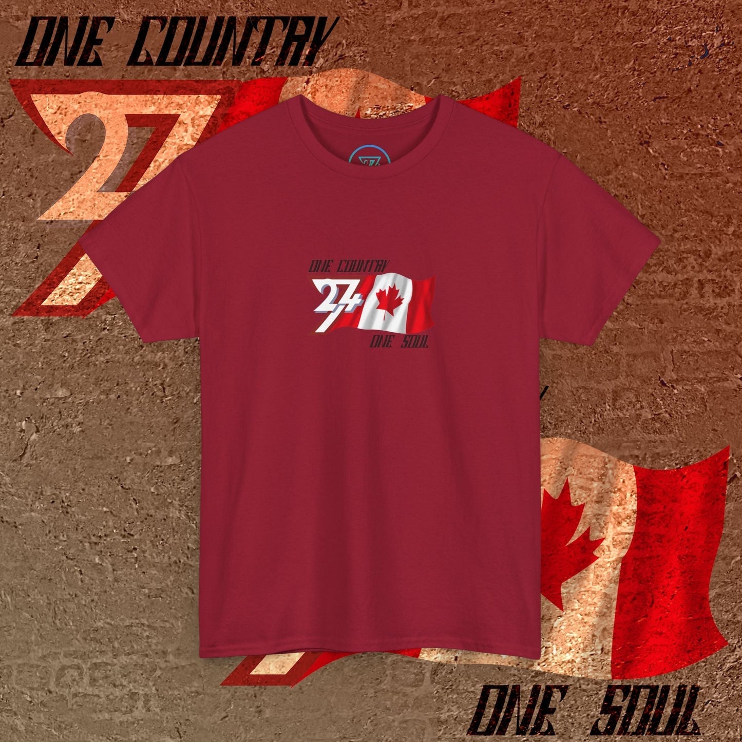 A full-view Deep Red Canada pride t-shirt featuring our exclusive "One Country One Soul" refined artist print.