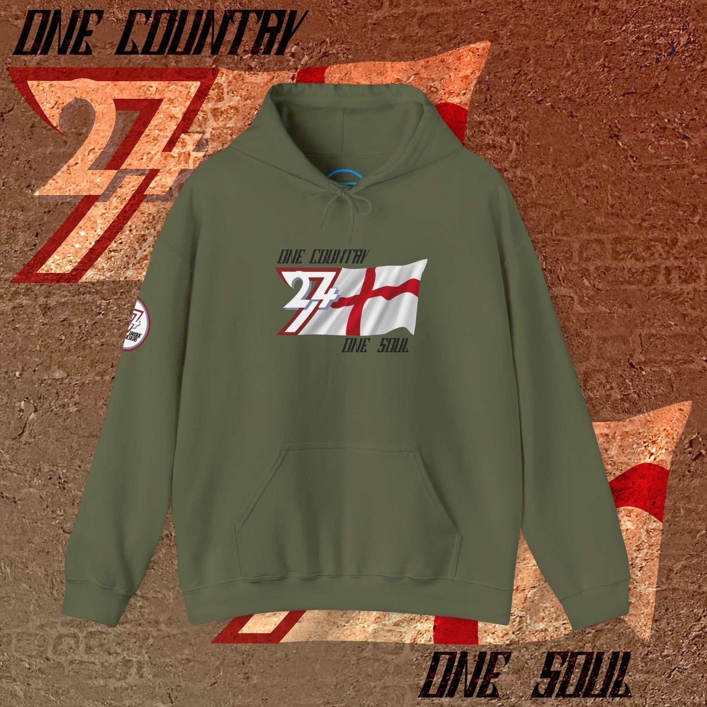 Army Green England hoodie with "One Country One Soul" slogan and refined flag sketch.