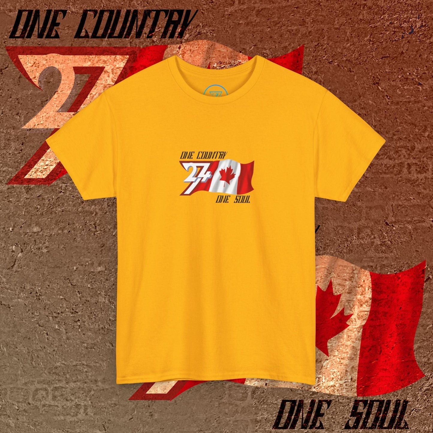 Premium Gold Canada flag graphic tee showing the refined hand-drawn design.