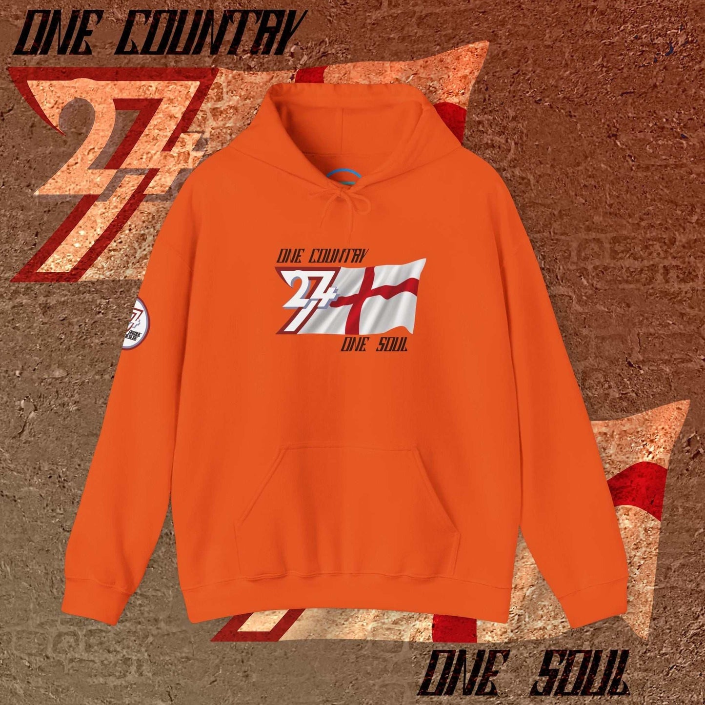 Orange lifestyle hoodie showcasing 24/7 passion for England with refined "Atelier" art.