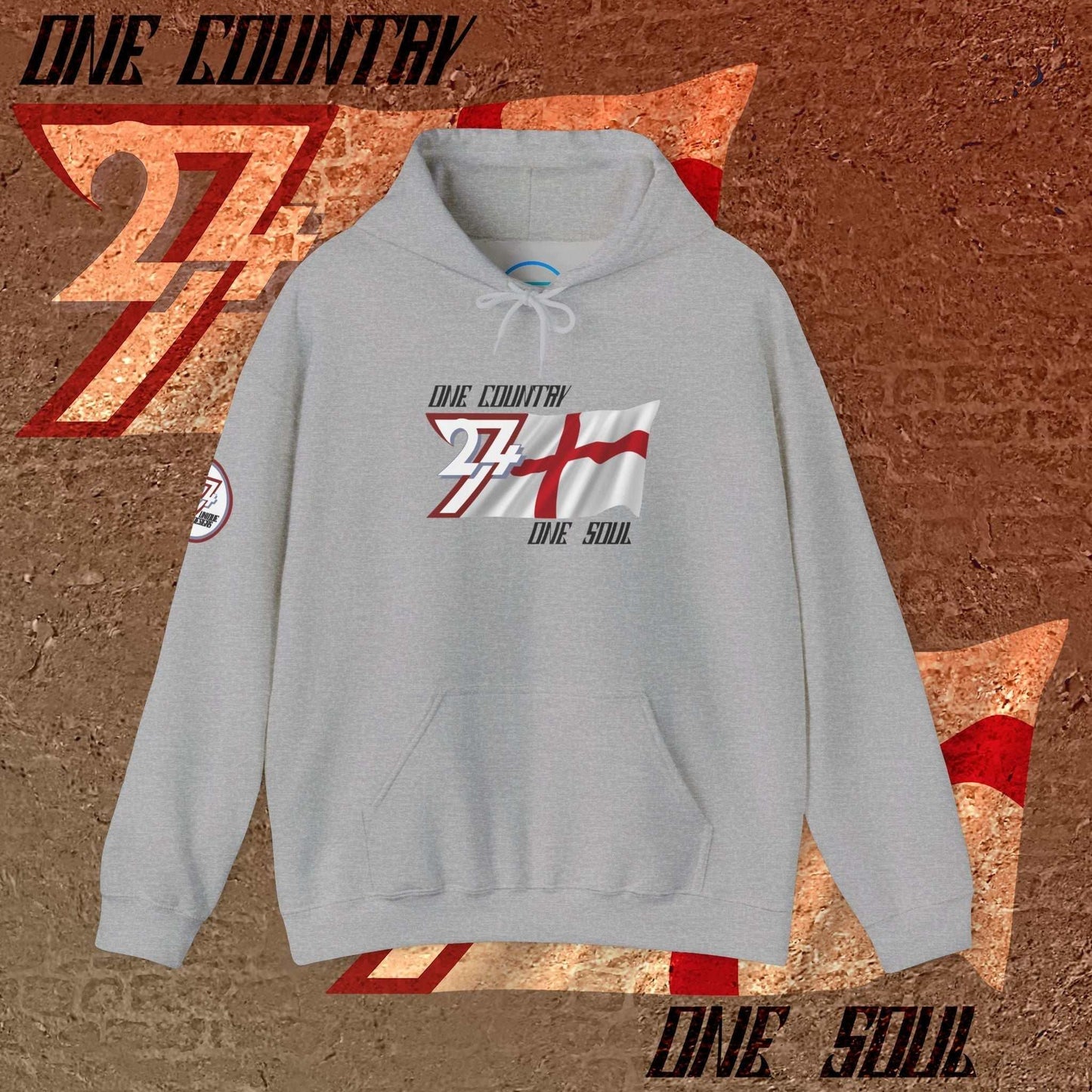 Sport Gray England flag hoodie showing high-contrast "Atelier" graphic and premium 8oz texture.