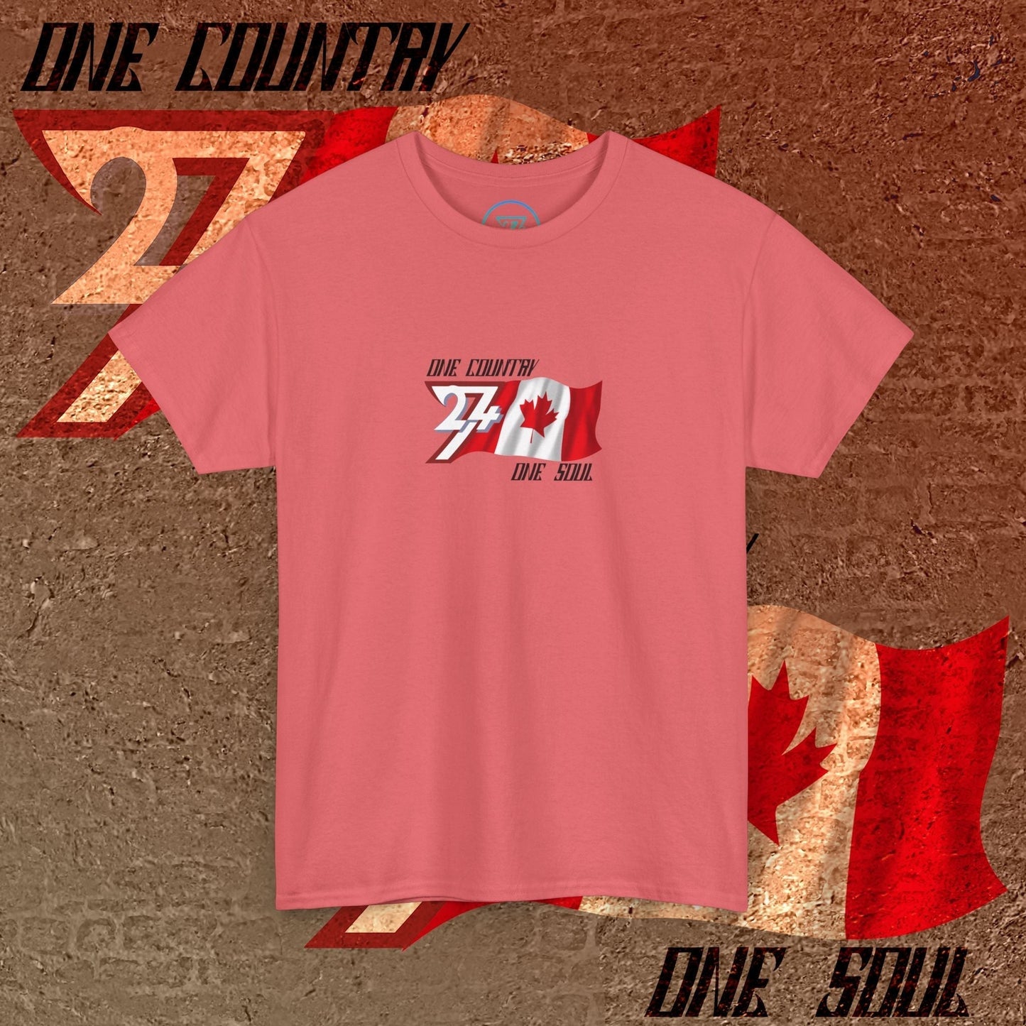 Main view of the Coral Silk Canada flag t-shirt with a refined digital illustration and "One Country One Soul" branding.