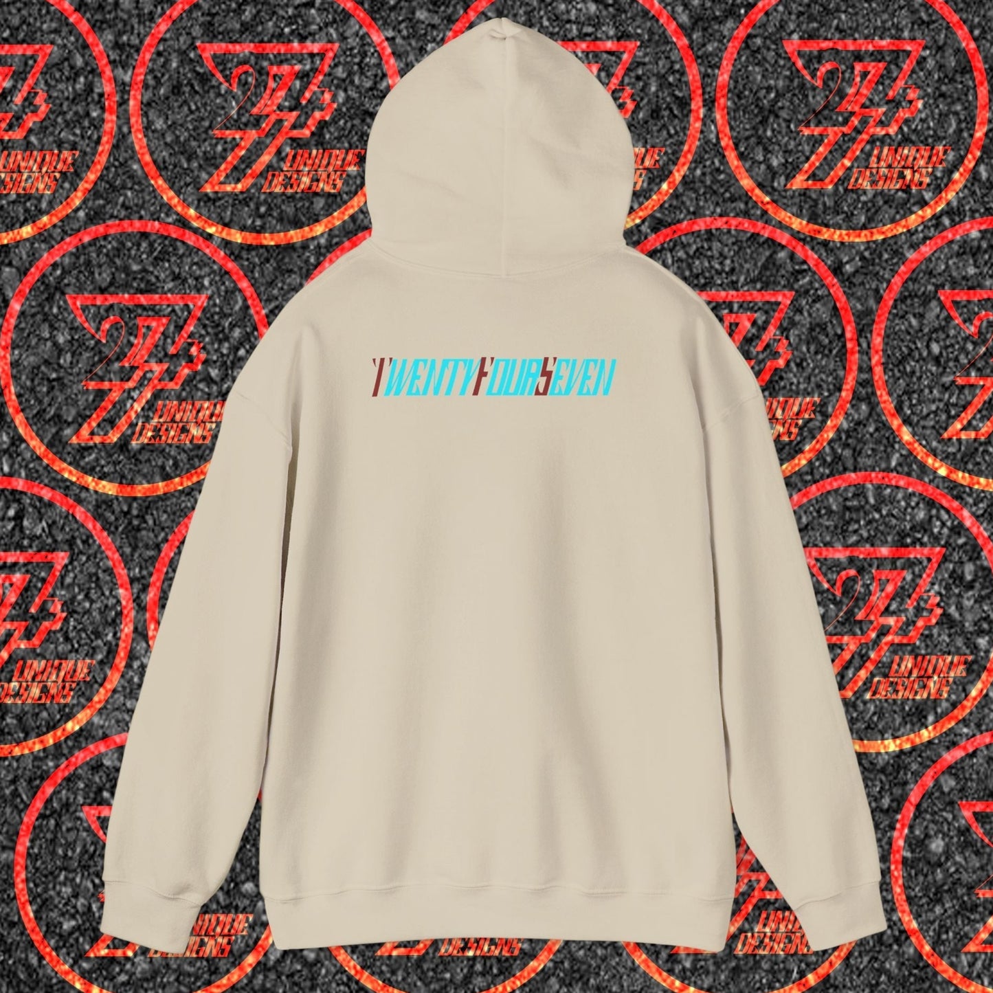 Beige stylish hoodie with twentyfourseven logo on back, comfortable streetwear with hood and kangaroo pocket