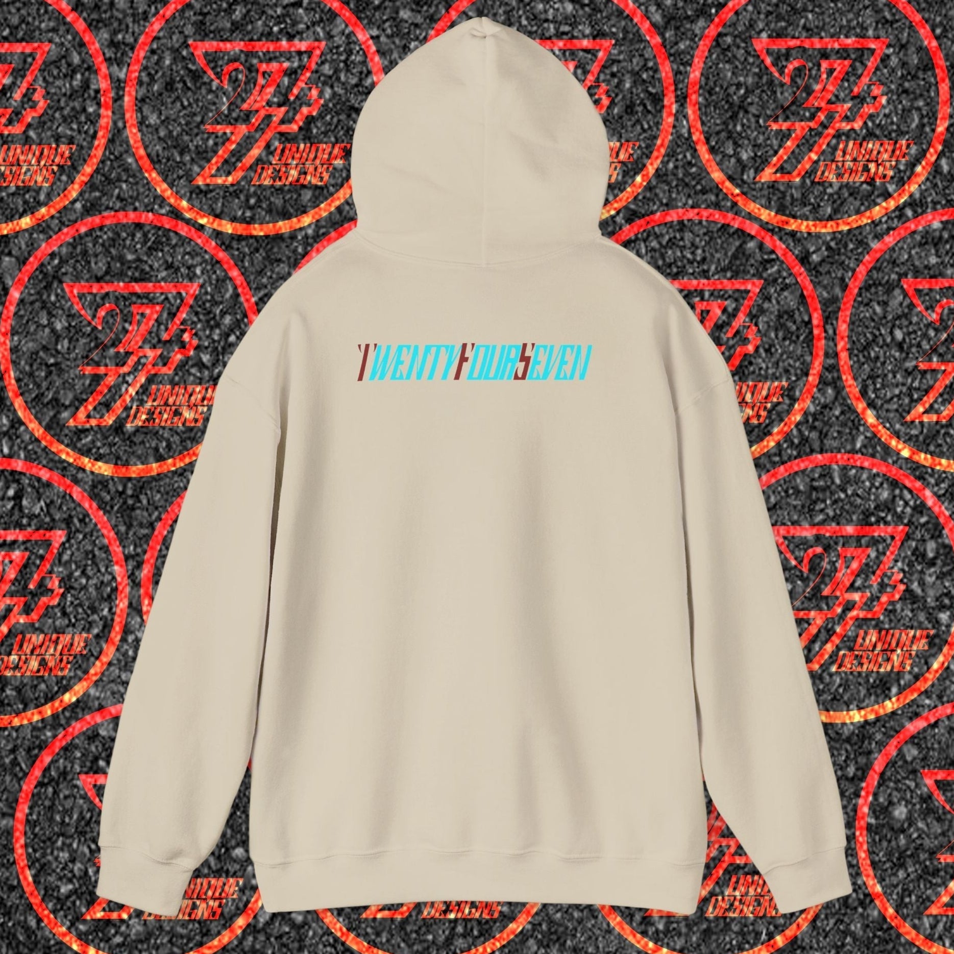 Beige stylish hoodie with twentyfourseven logo on back, comfortable streetwear with hood and kangaroo pocket