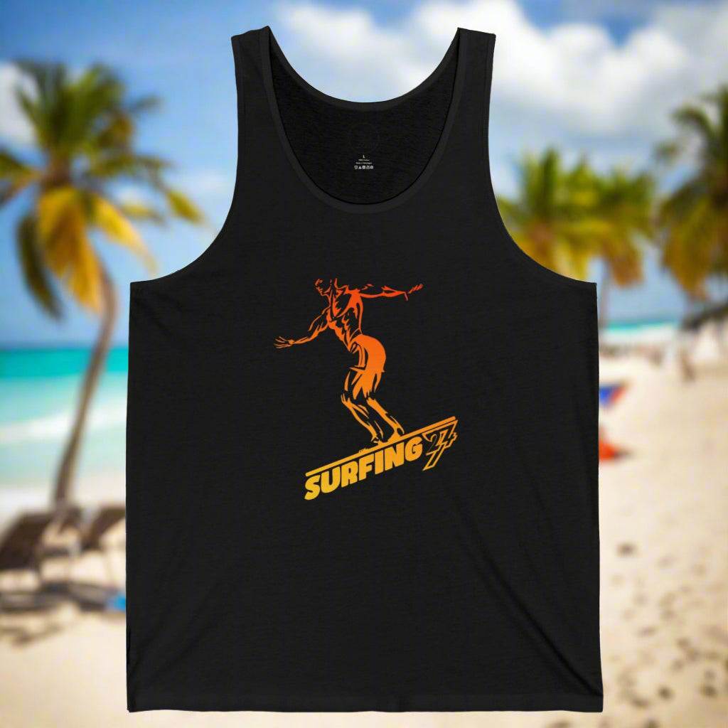 Black Surfing Tank Top in yellow with red-to-blue gradient surfer silhouette.
