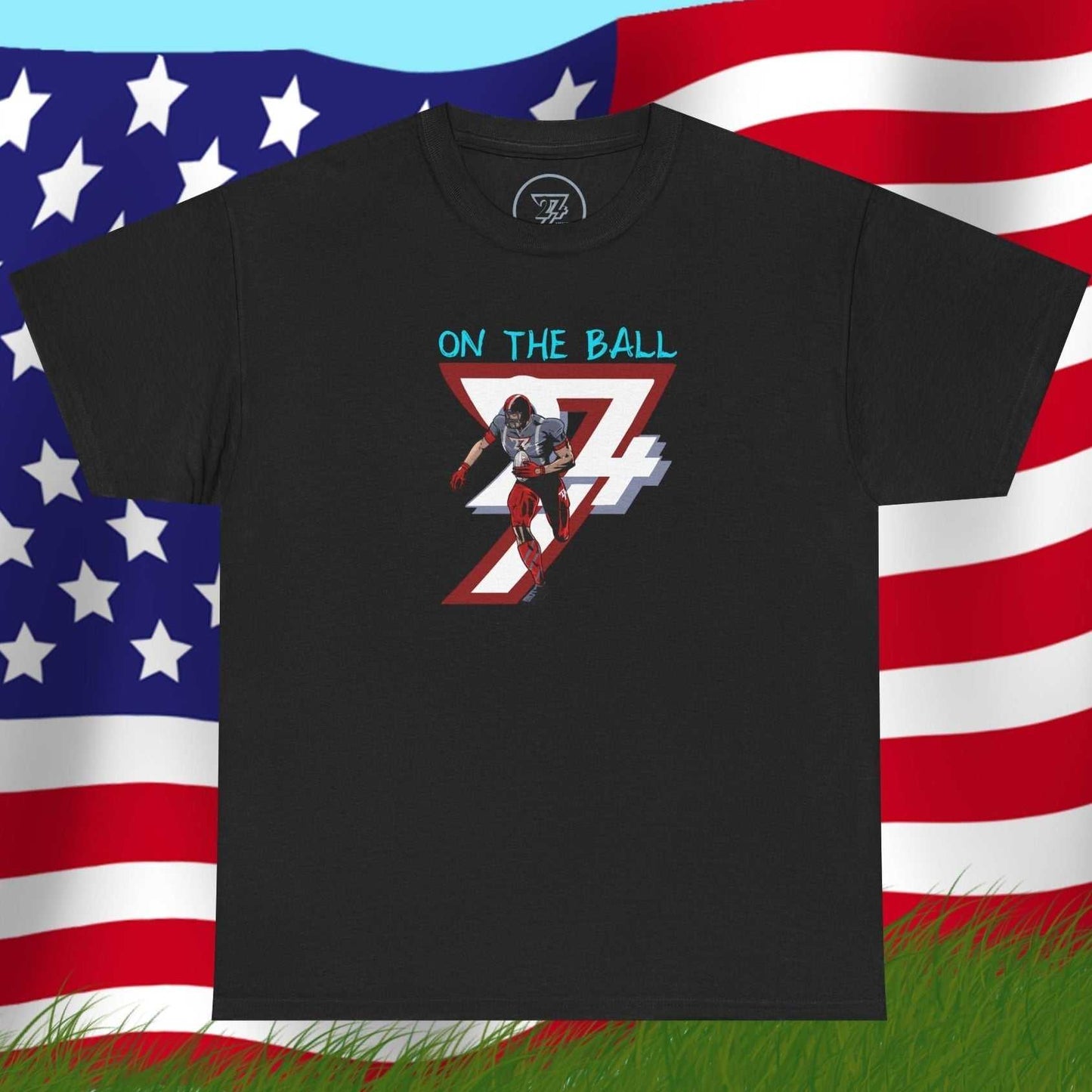 Black American Football Tee with hand-drawn comic-style player and "On The Ball" text on chest