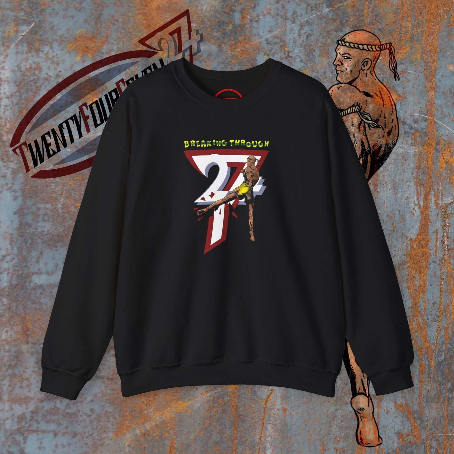 Black Muay Thai sweatshirt with hand-drawn 24/7 design and fighter illustration, crew neck, ribbed cuffs, cotton-poly blend.