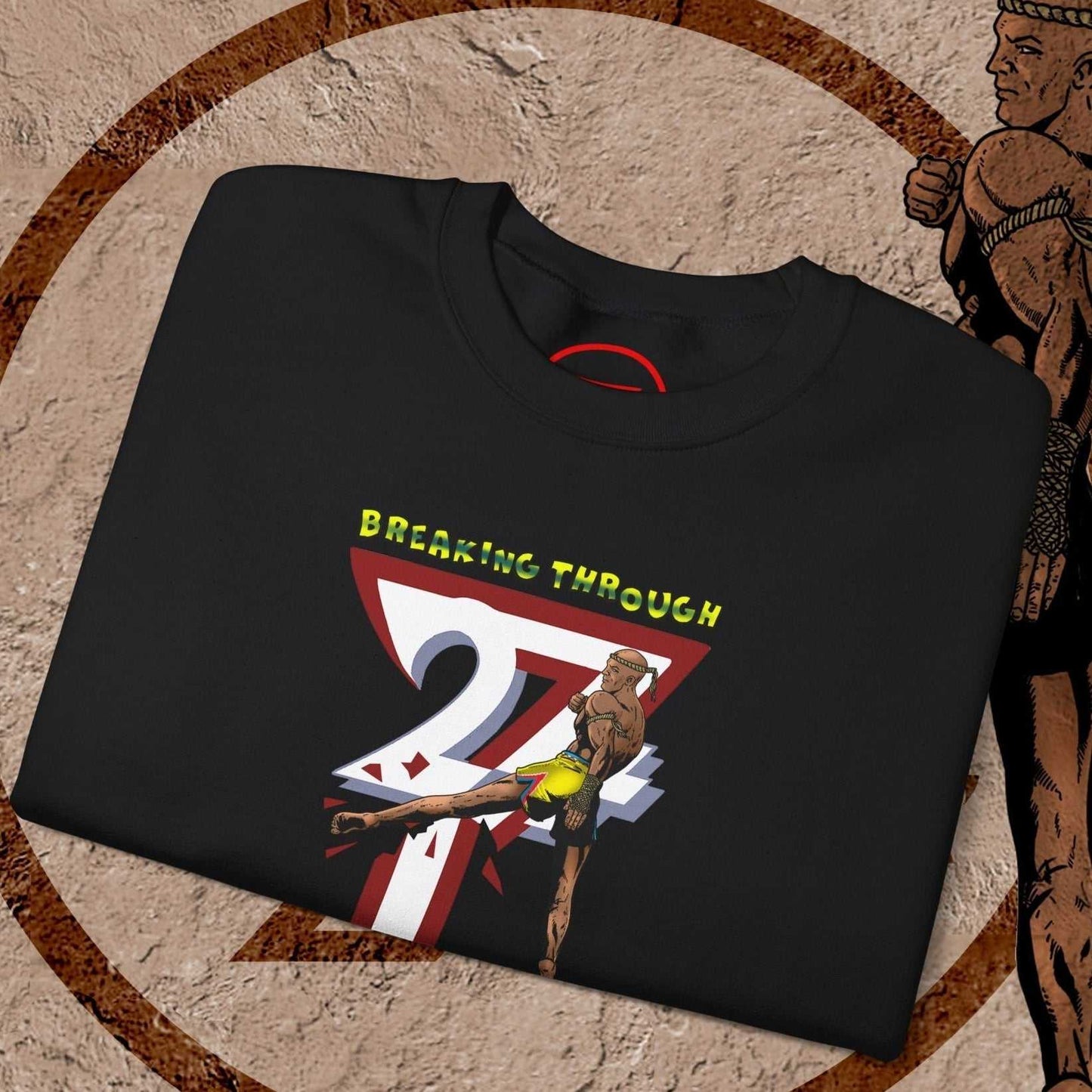Black Muay Thai sweatshirt with hand-drawn fighter illustration and "Breaking Through" text design