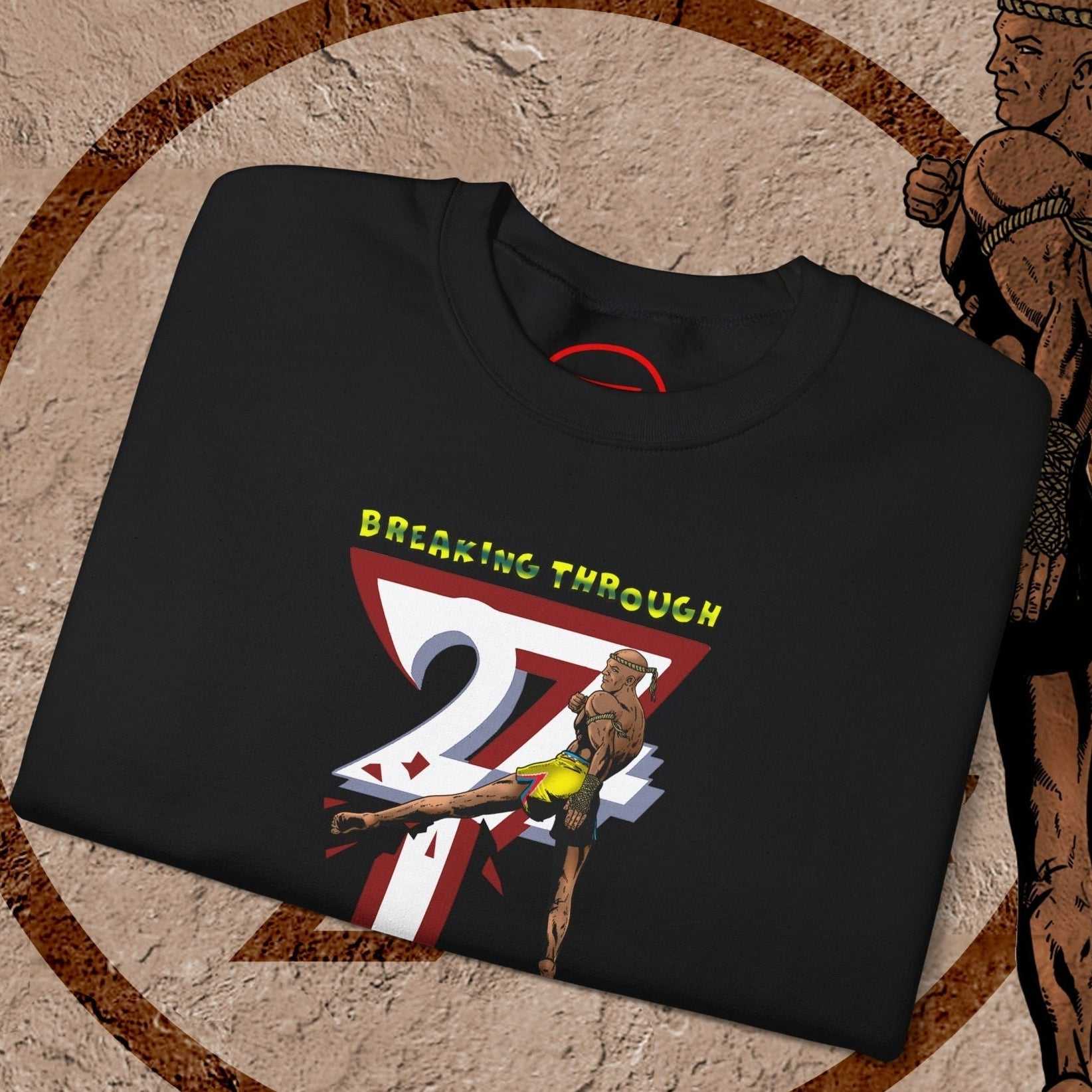 Black Muay Thai sweatshirt with hand-drawn fighter illustration and "Breaking Through" text design