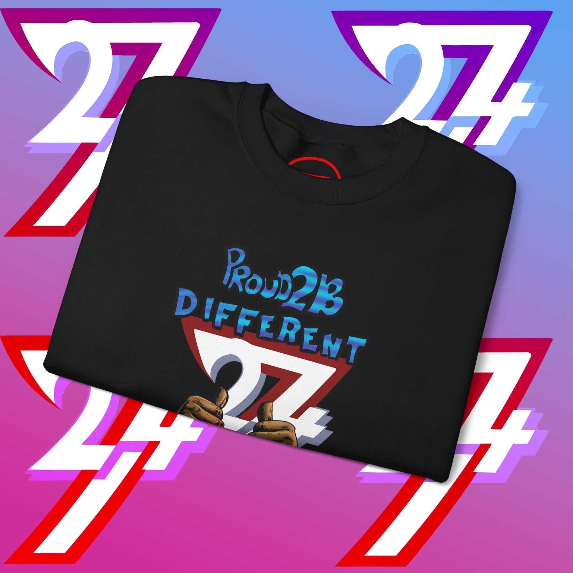 Black artistic sweatshirt with "Proud 2 B Different" slogan and hand-drawn graphic on front, cozy crewneck design