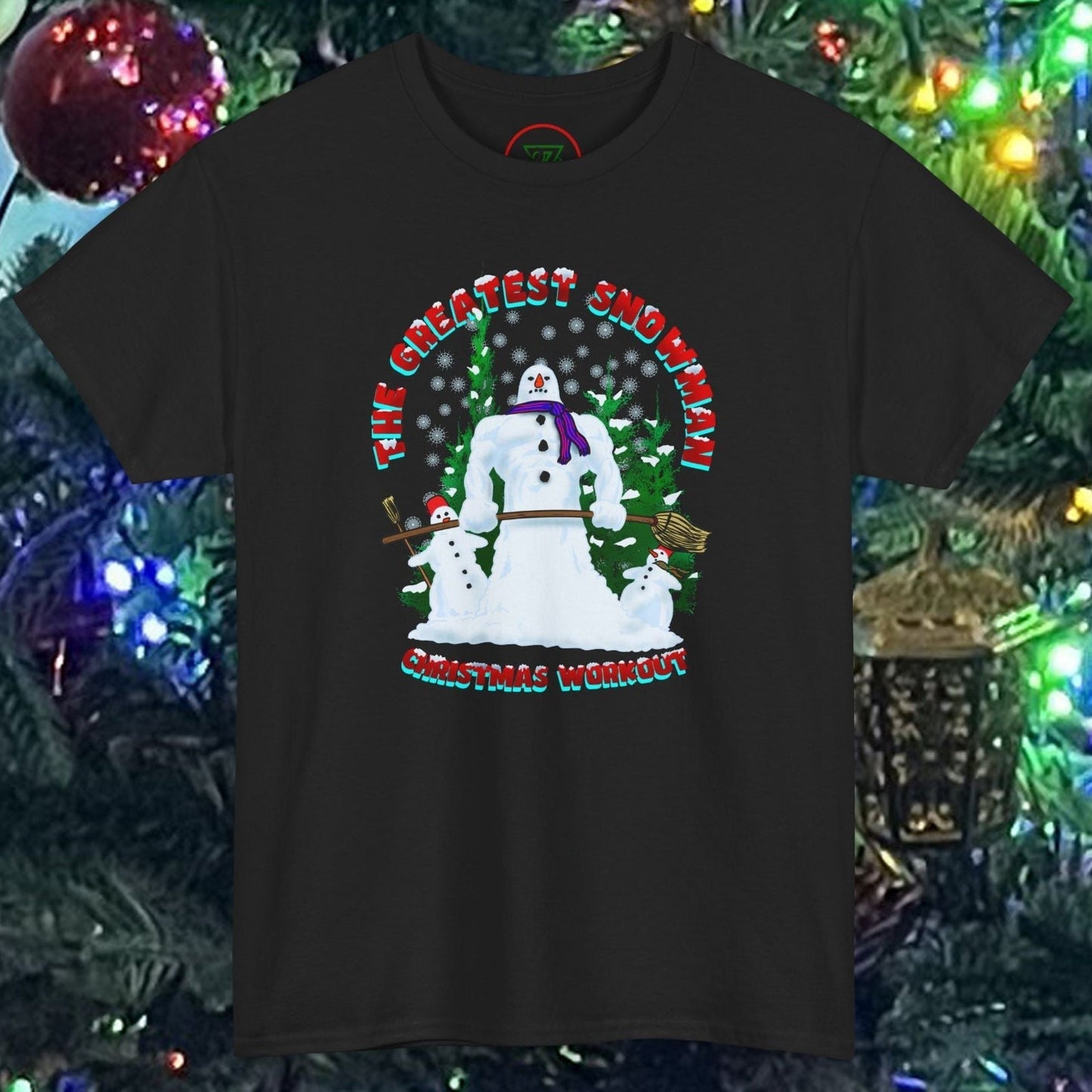 Black snowman gym t-shirt with a funny cartoon snowman lifting dumbbells and holiday-themed text design