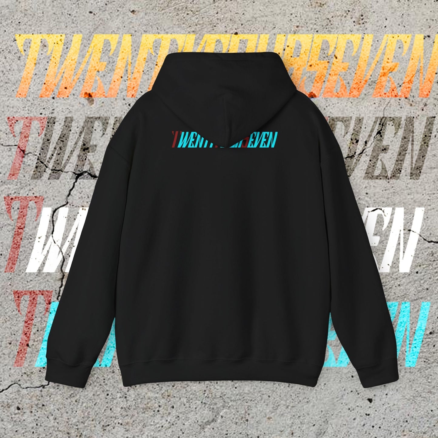 Black stylish hoodie with colorful twentyfourseven logo on back, comfortable cotton-polyester blend streetwear