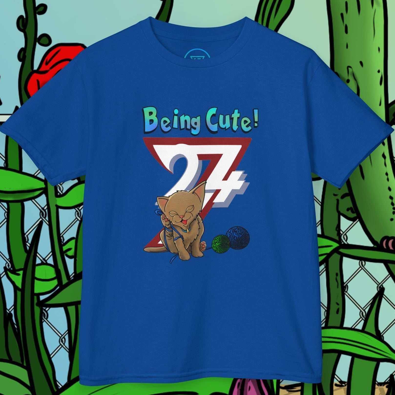 Kids T-Shirt in Royal Blue showcasing the original Atelier kitten art.