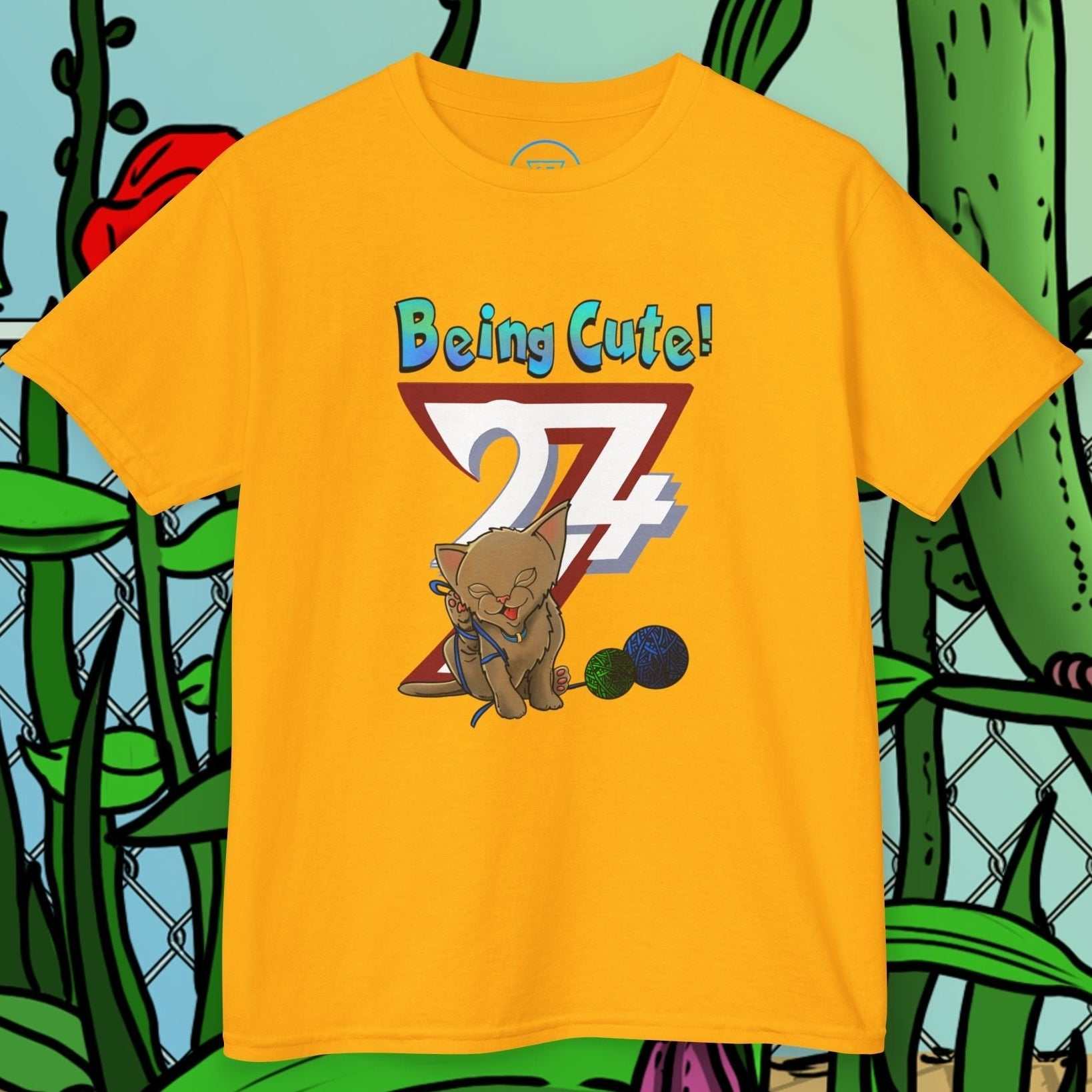 Gold Kids T-Shirt with the human-made "Always Cute" kitten design.