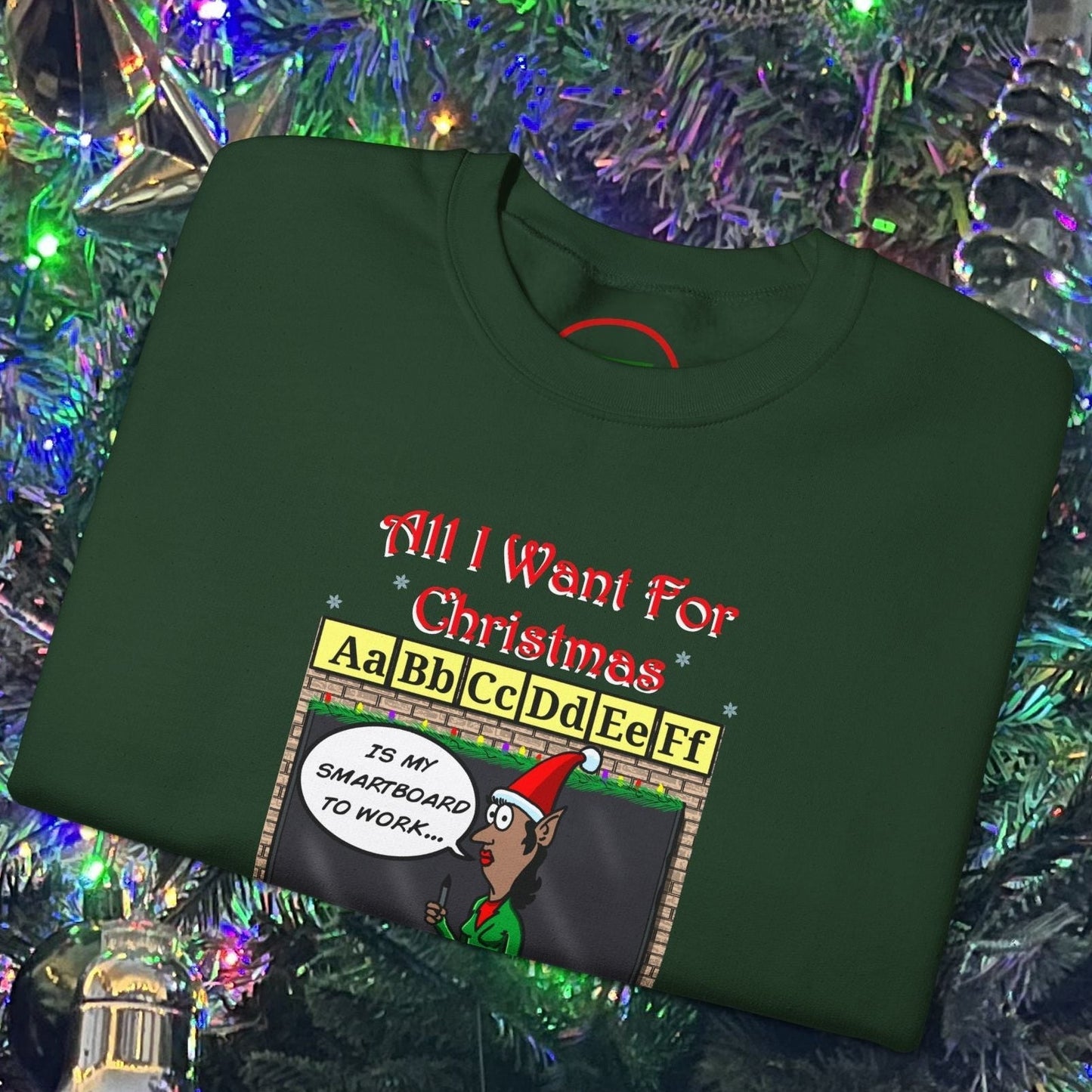 Christmas Teacher Comic Sweatshirt with funny cartoon design featuring teacher and festive smartboard theme on green crewneck sweatshirt