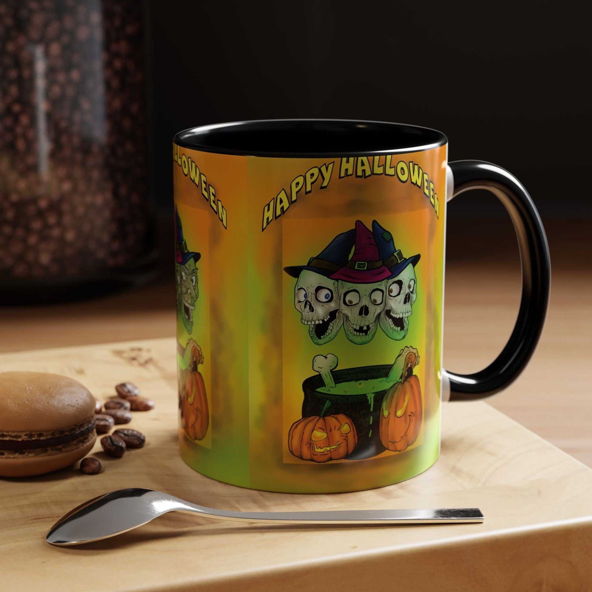 Coffee Mug - Witches and Skulls Halloween Mug featuring colorful witches and skulls design, perfect for spooky season enthusiasts.