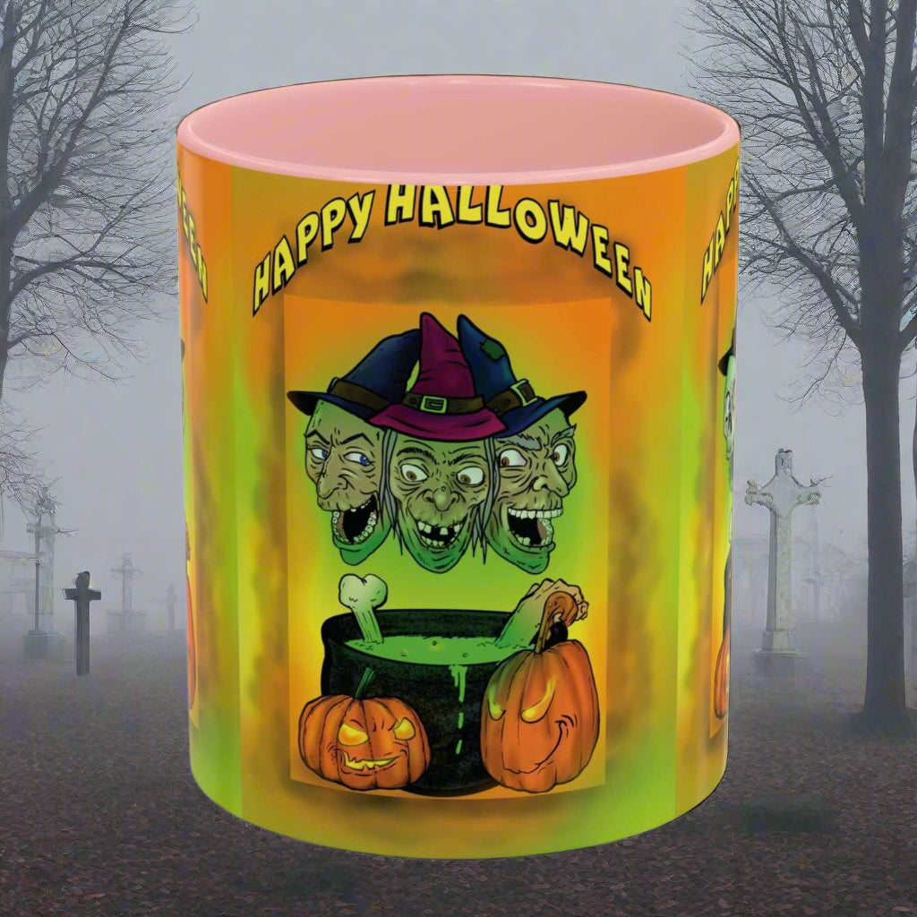 Coffee Mug - Witches and Skulls Halloween Mug featuring witches and skulls design.