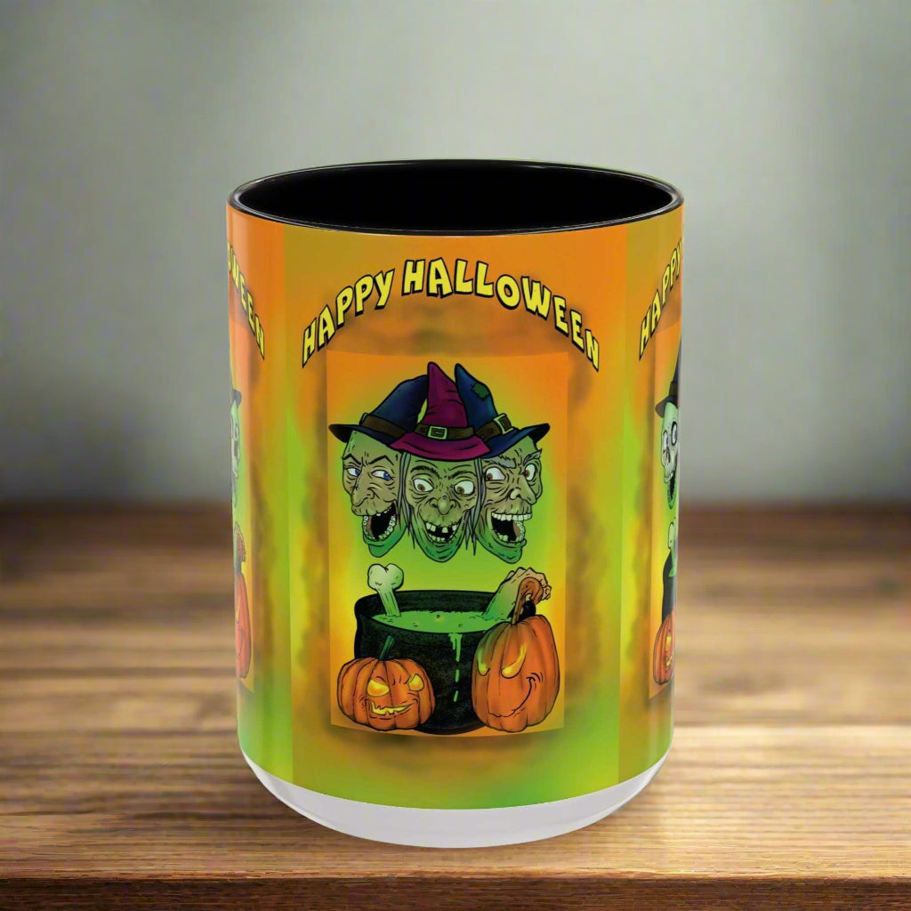 Coffee Mug - Witches and Skulls Halloween Mug with vibrant colors and festive design.