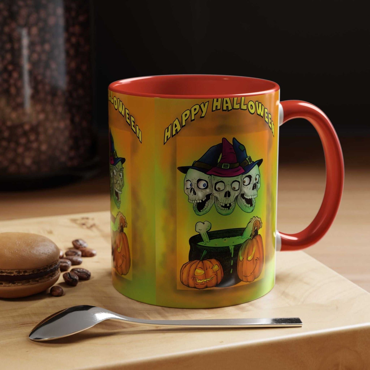 Coffee Mug - Witches and Skulls Halloween Mug with vibrant witches and skulls design.