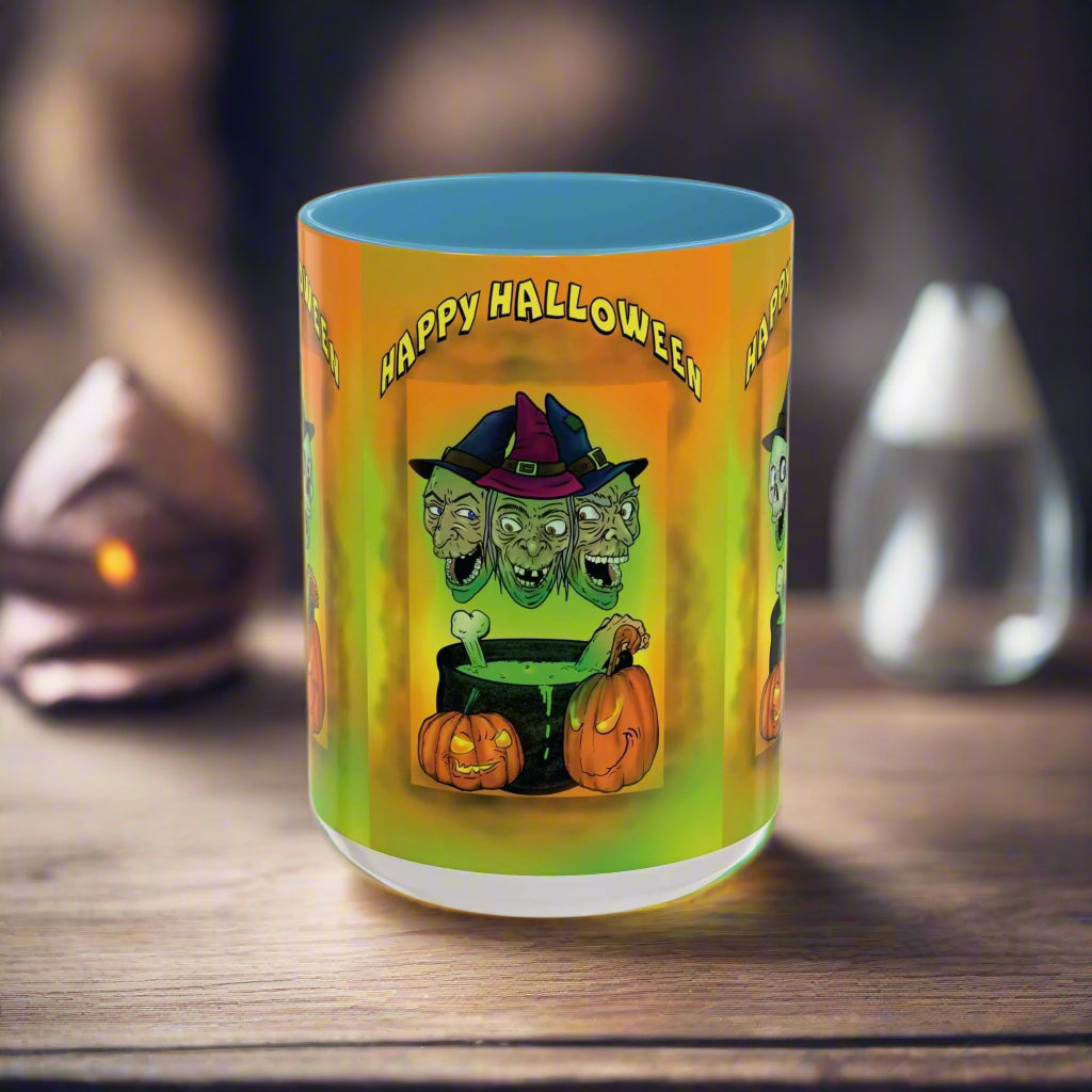 Coffee Mug - Witches and Skulls Halloween Mug with witches and skulls design, vibrant colors, perfect for spooky season.