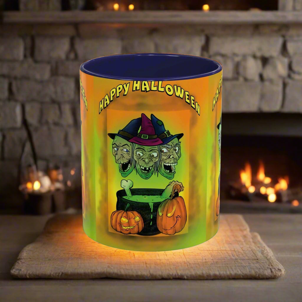 Coffee Mug - Witches and Skulls Halloween Mug with witches and skulls design, vibrant colors, perfect for spooky season.