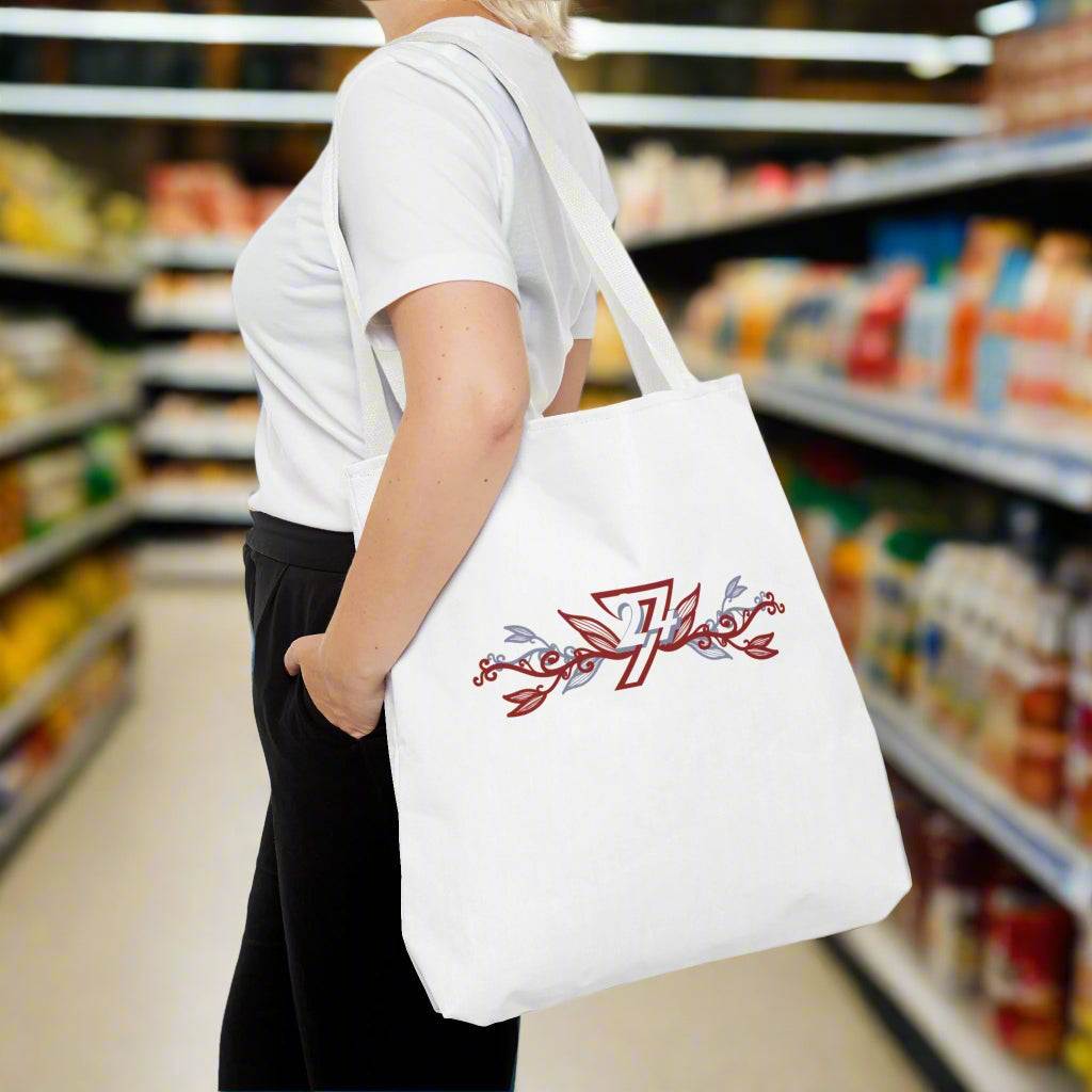 Womand shopping with a white exclusive floral design bag on her shoulder
