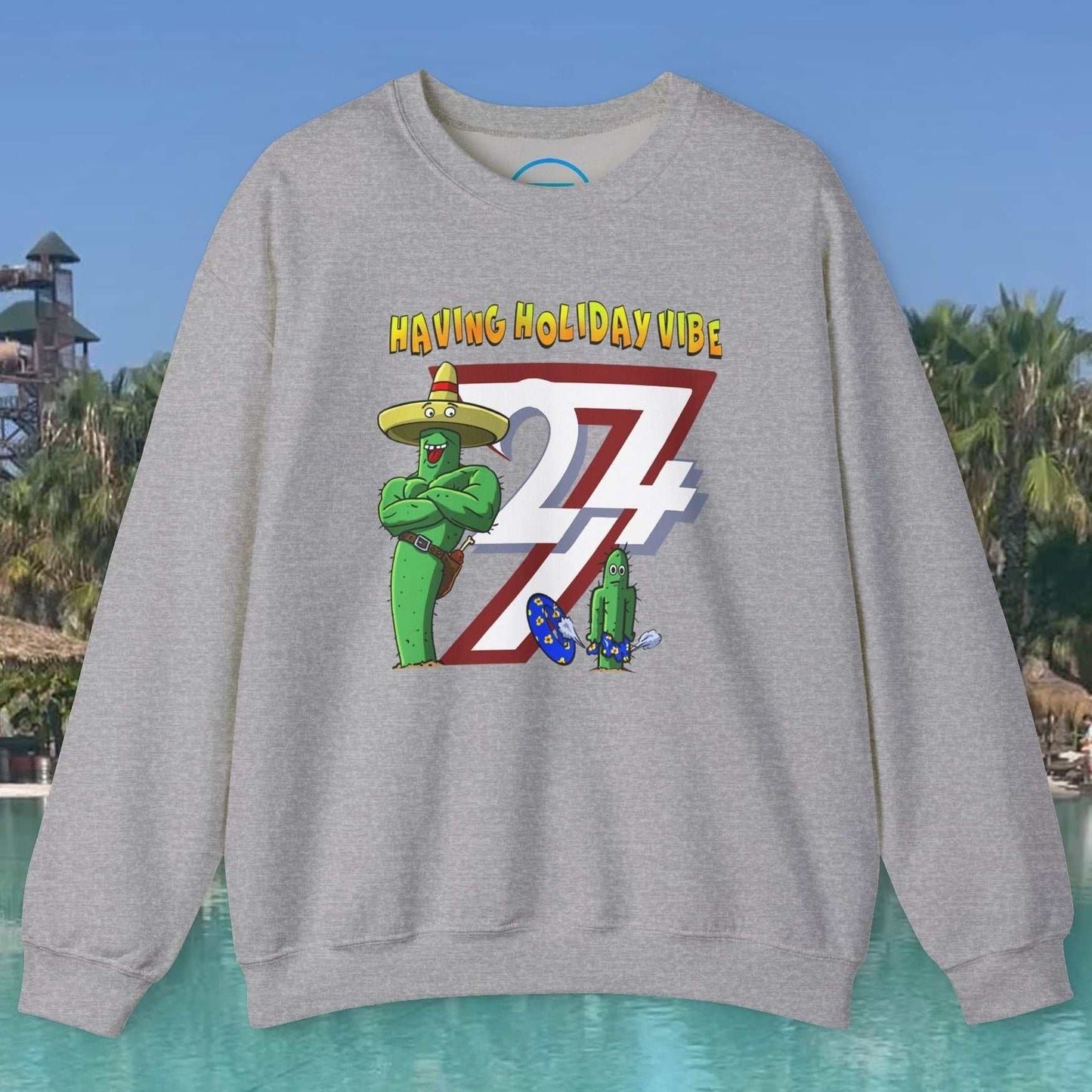 Funny Cactus Crewneck Sweatshirt with cartoon cactus design and holiday vibe text on gray fabric
