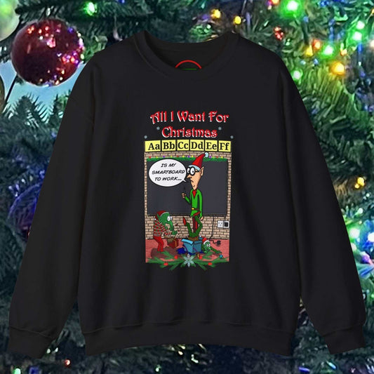 Funny cartoon teacher Christmas sweatshirt with comic holiday design and festive text on black background