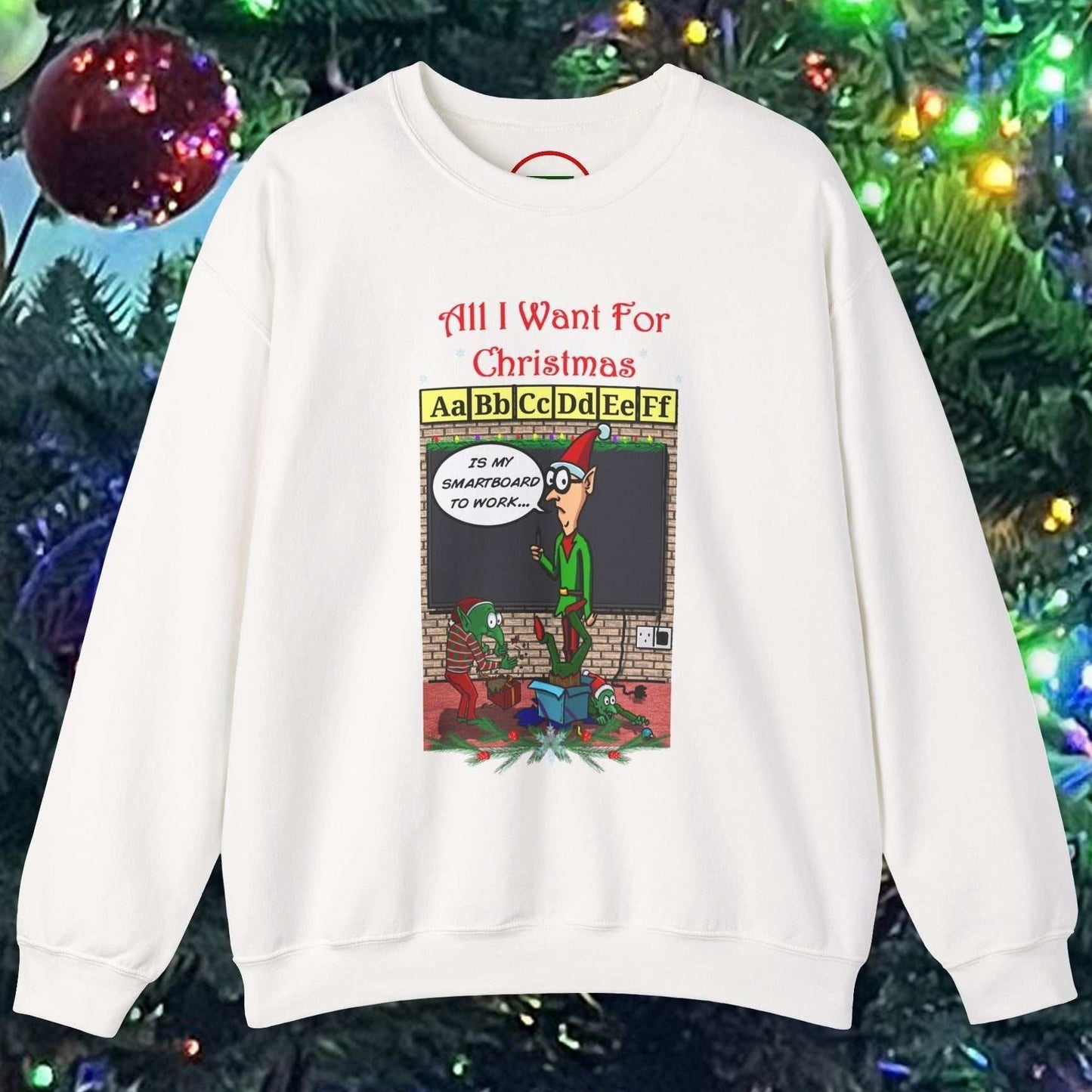 Funny cartoon teacher Christmas sweatshirt with humorous holiday design and classroom illustration