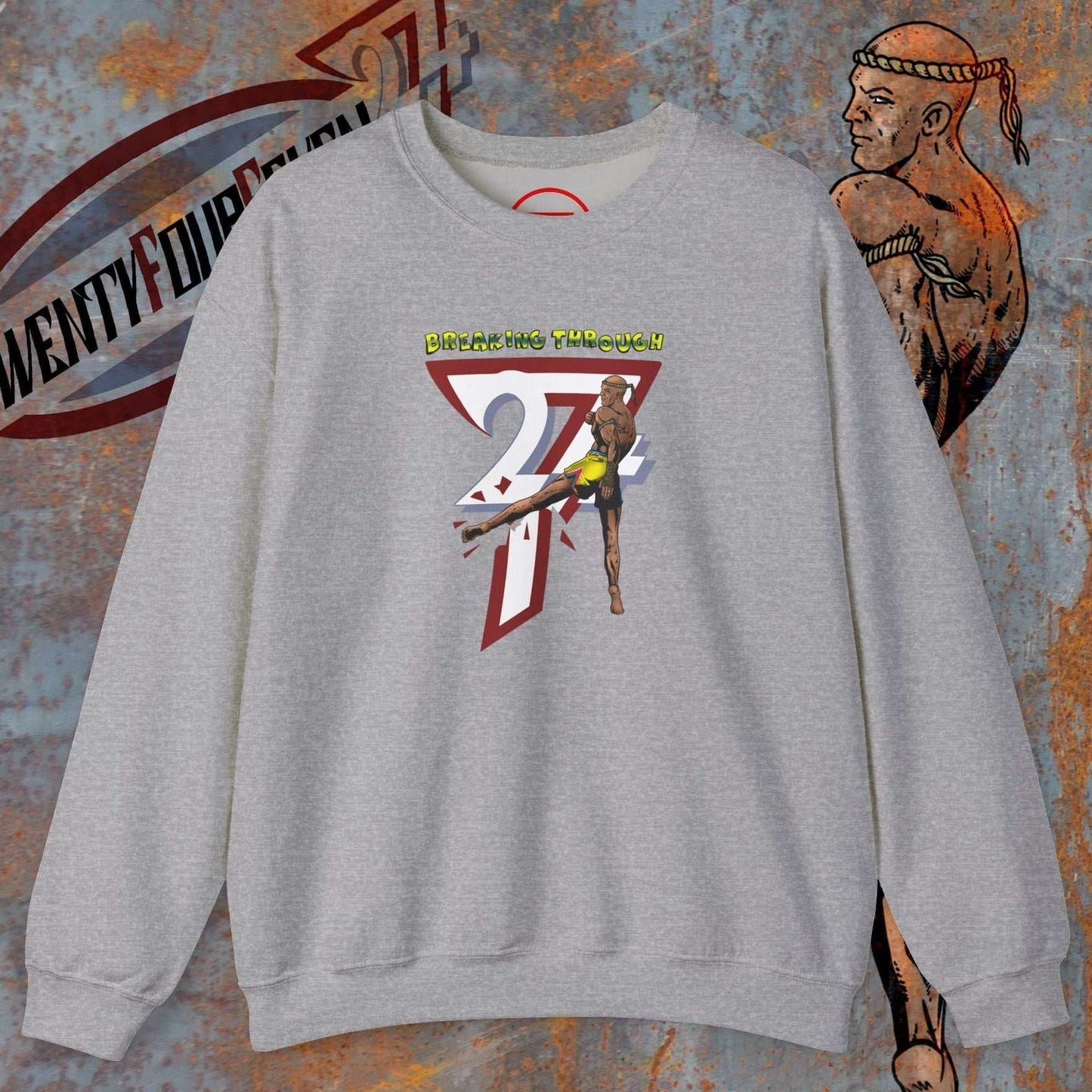 Gray Muay Thai sweatshirt with hand-drawn fighter illustration and "Twenty Four Seven" design front, long sleeves, crew neck.