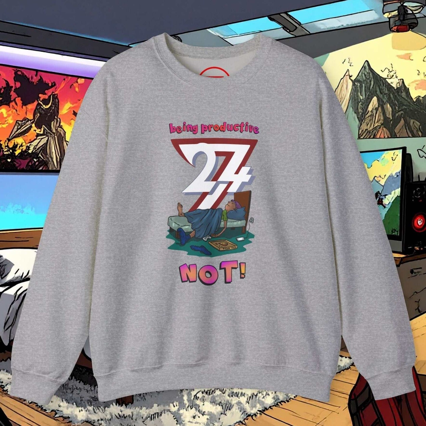 gray Lazy Teenager Unisex Sweatshirt with colorful hand-drawn lazy teen design and "being productive 24/7 NOT!" slogan