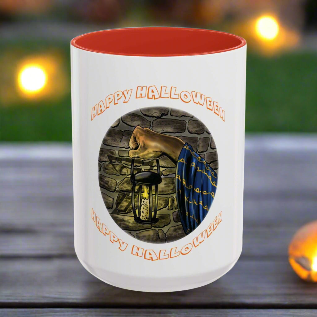 Halloween Wizard Coffee Mug with spooky design, vibrant colors, and red interior.