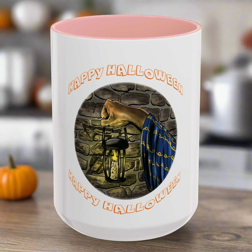 Halloween Wizard Coffee Mug with vibrant design, C-shaped handle, and glossy finish.