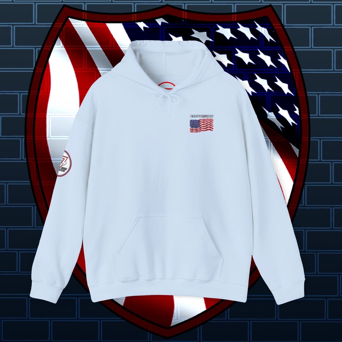 Light blue American flag hoodie with US flag design and drawstring hood on patriotic background