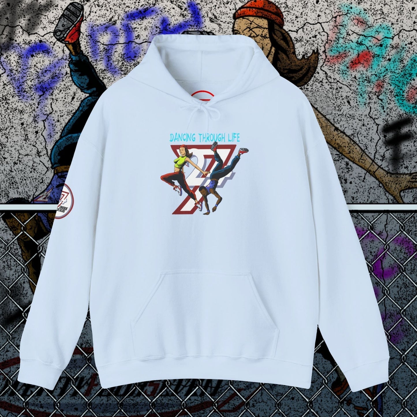 Light blue streetwear hoodie with urban dance graphic, kangaroo pocket, and adjustable hood for hip-hop dancers and TikTok fans