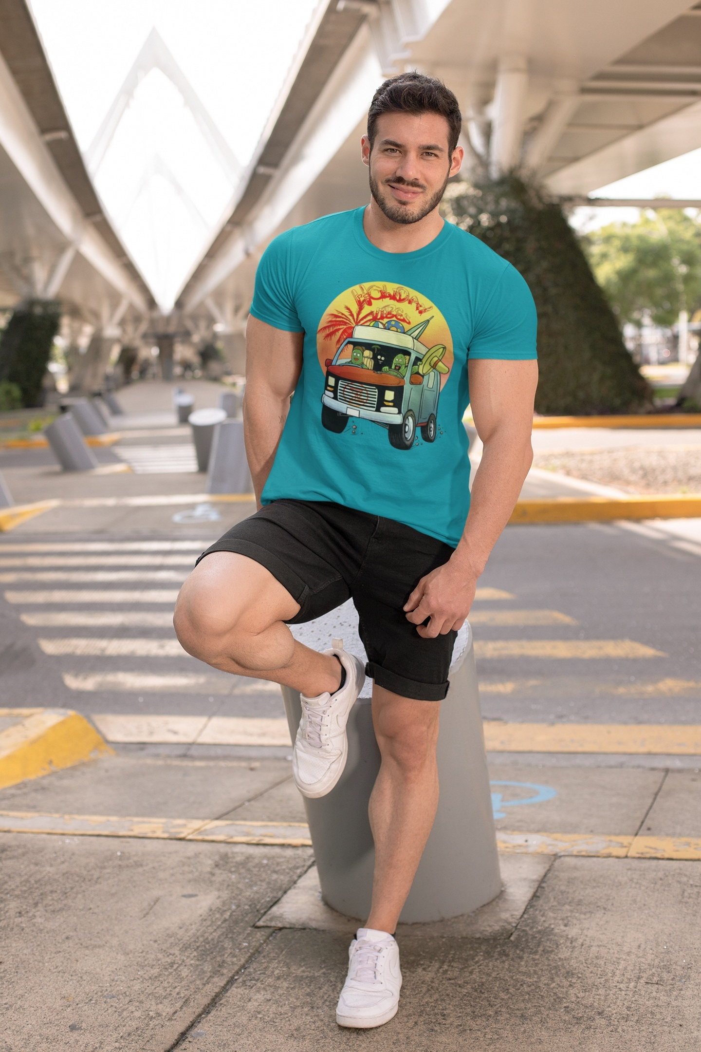 Man wearing Deep Sapphire Adult Camper Van T-Shirt - 24/7 Unique Designs apparel.