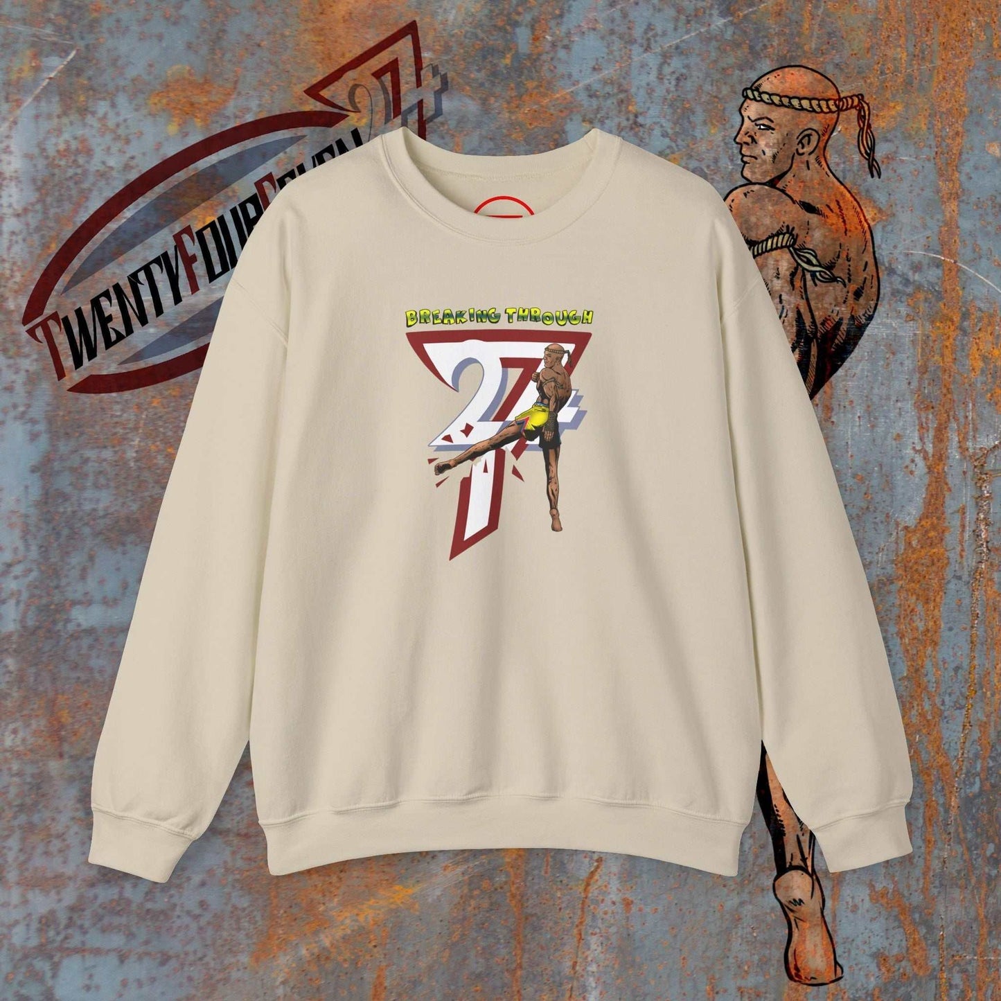 Muay Thai sweatshirt with hand-drawn combat fighter design in cream, crew neck, long sleeves, comfortable cotton-poly blend.