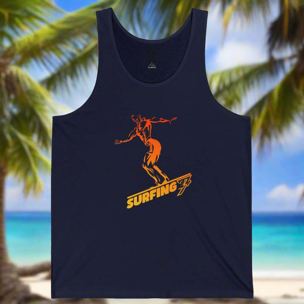Navy Surfing Tank Top in yellow with red-to-blue gradient surfer silhouette front view