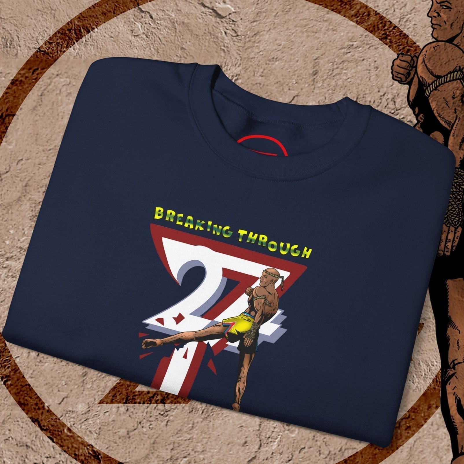 Navy Muay Thai sweatshirt with hand-drawn fighter and "Breaking Through" text design