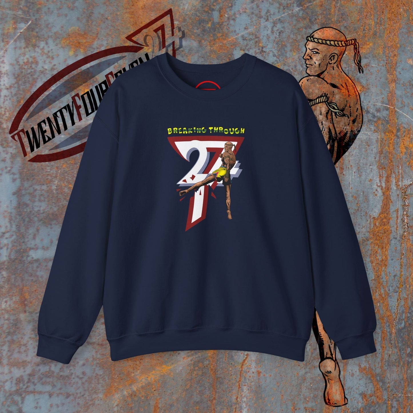Navy Muay Thai sweatshirt with hand-drawn fighter design and "24/7" graphic, comfortable cotton-poly blend.