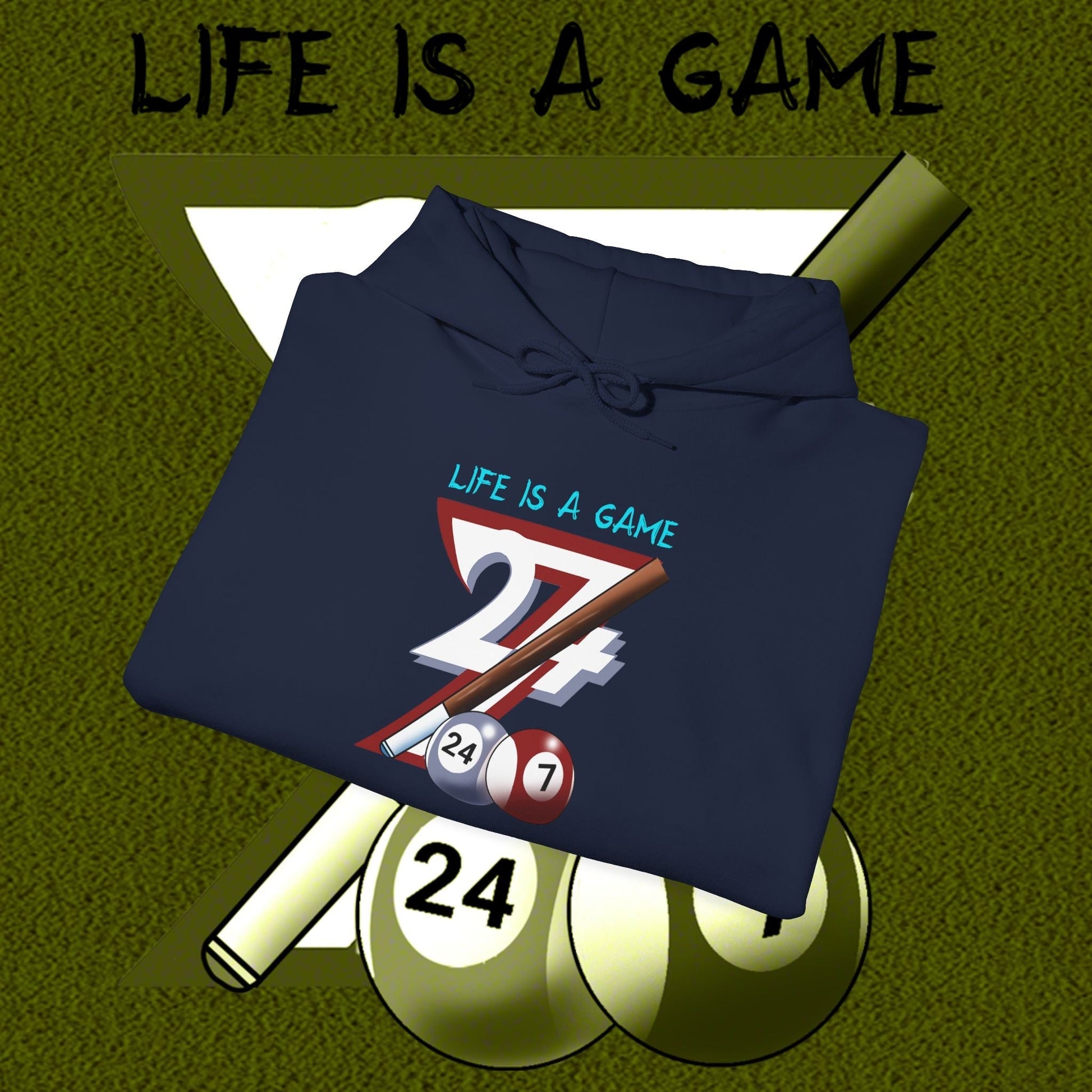 Navy billiards hoodie with unique hand-drawn pool design and "Life is a Game" slogan