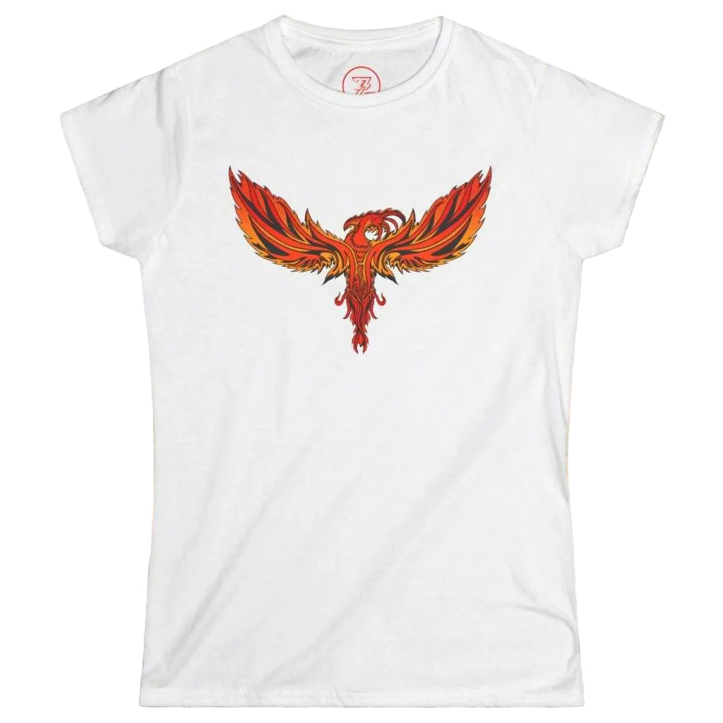 White women's t-shirt featuring a large vibrant orange and red phoenix bird graphic on the chest.