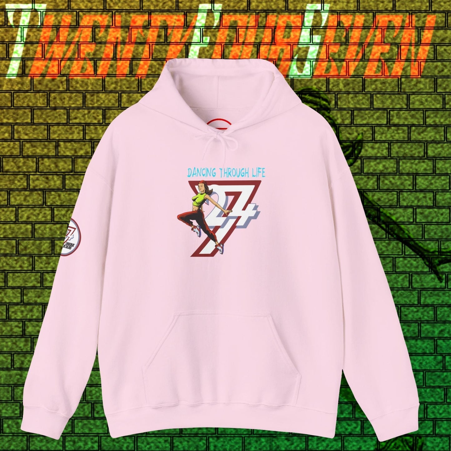 Pink women's street dance hoodie with hand-drawn illustration and kangaroo pocket, urban stylish comfortable streetwear