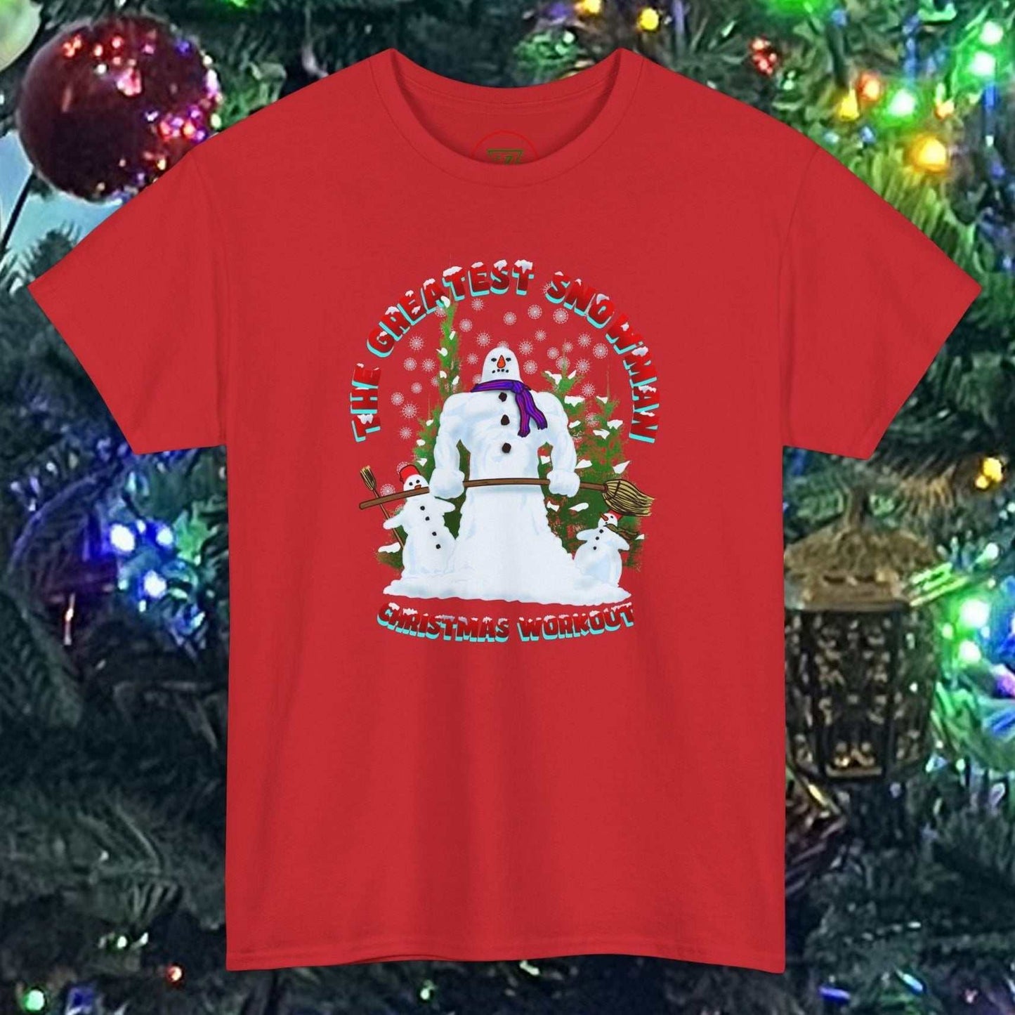 Red snowman gym t-shirt with funny Christmas workout cartoon design on front